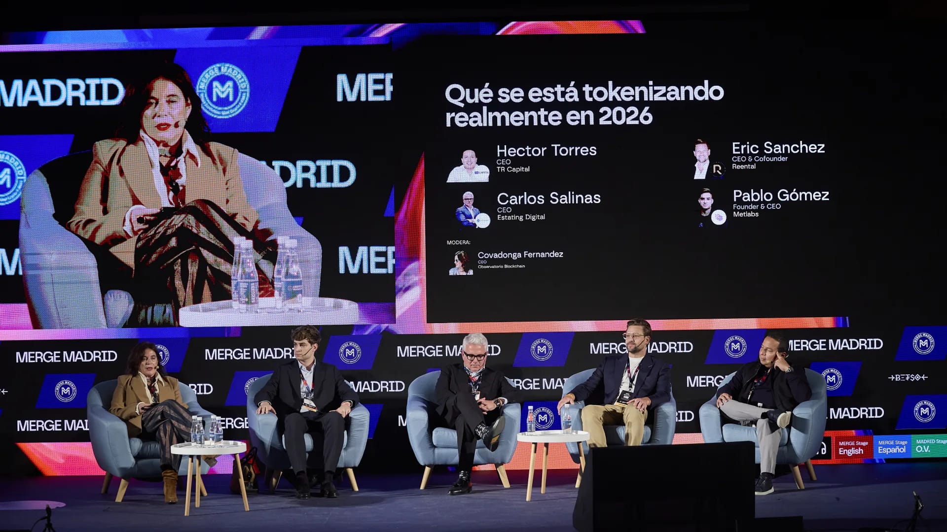 The “What is really being tokenized in 2026” panel on the MERGE Stage, with the title screen and its five participants.