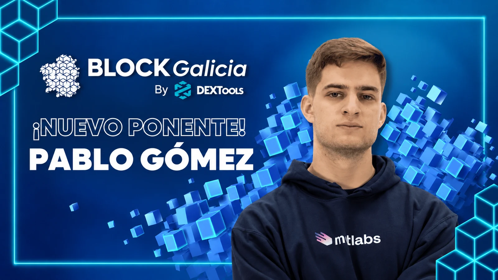 BlockGalicia poster announcing Metlabs CEO Pablo Gómez as a speaker
