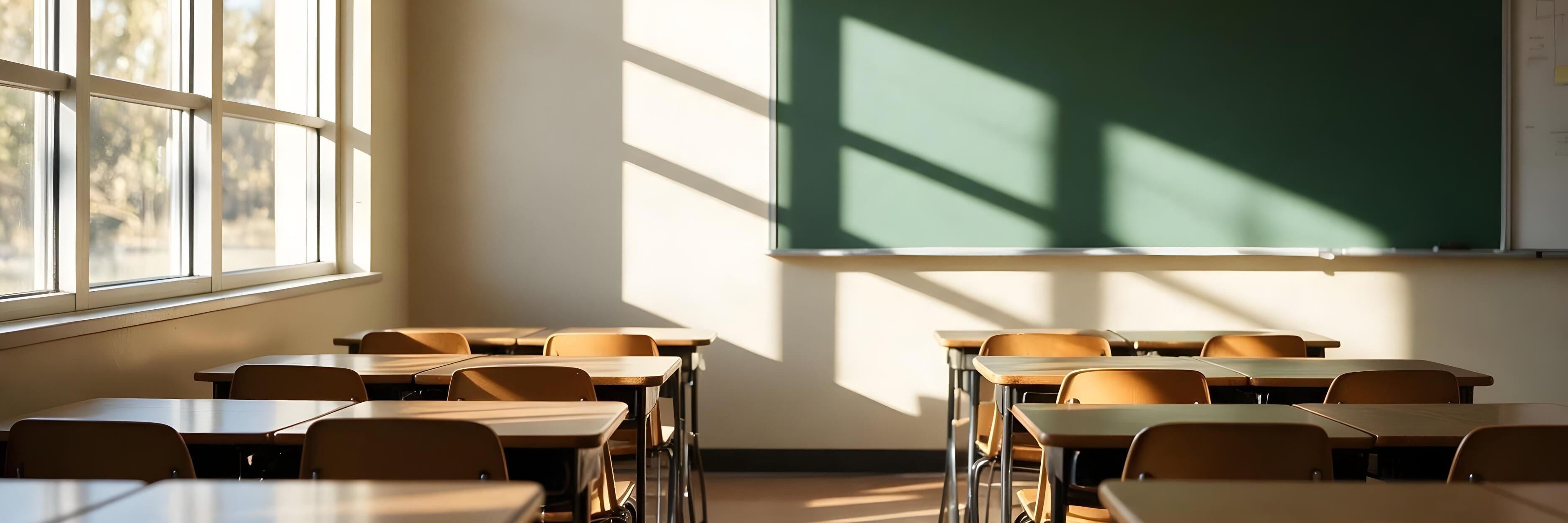 Empty classroom with window light falling across the green chalkboard and rows of desks