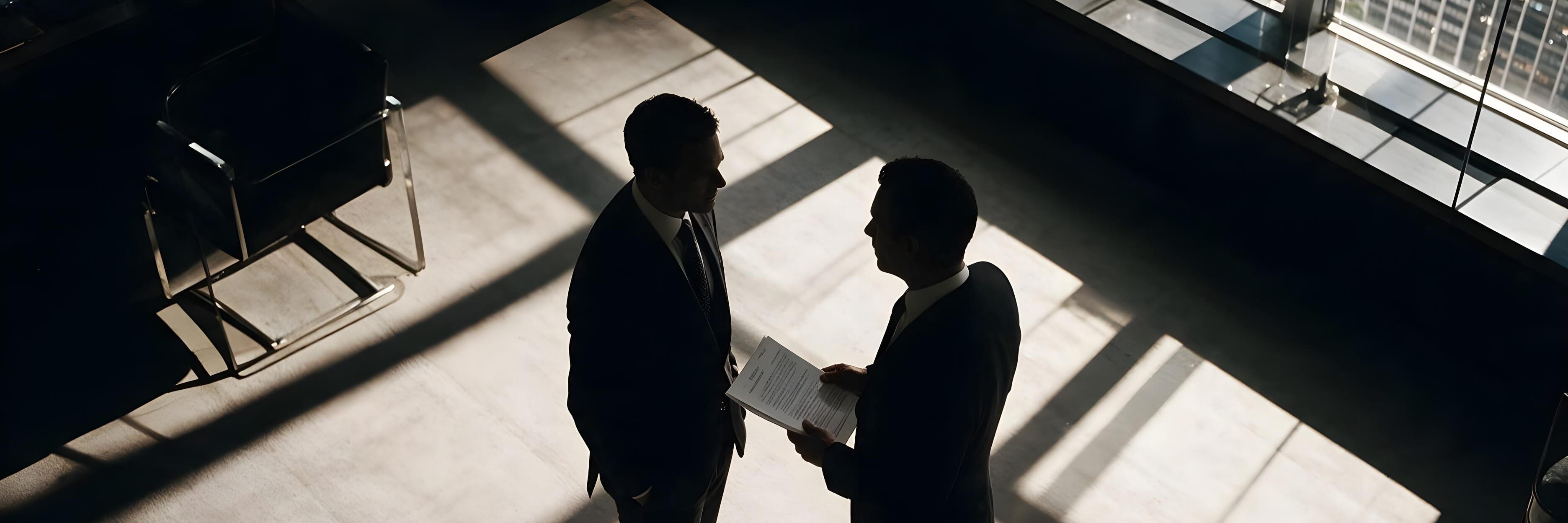 Two people in suits discussing a document beside an office window wall
