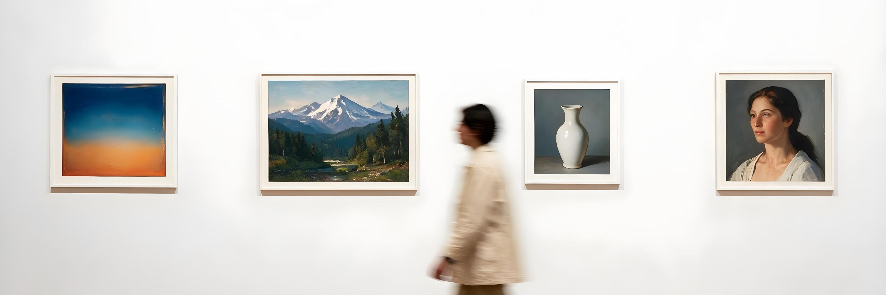 Museum room with four framed works in a row on the wall and a visitor walking past
