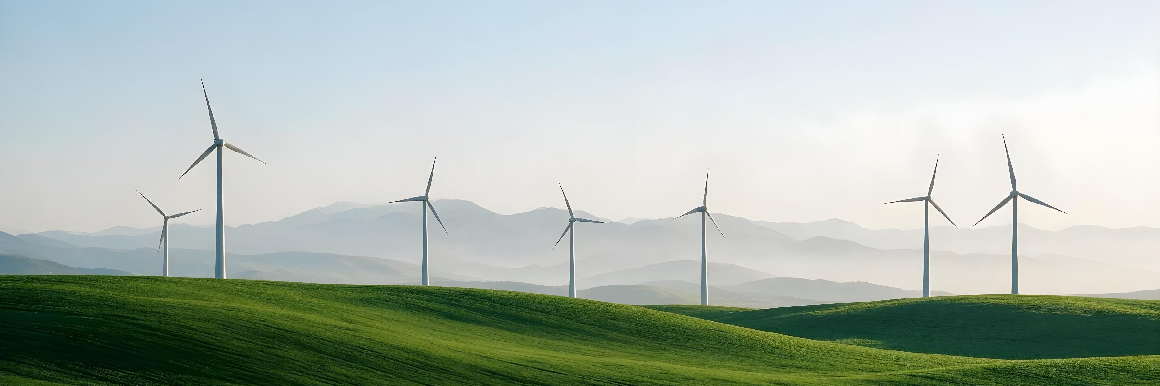 Wind farm on grassland with layered mountain ridges in the morning haze