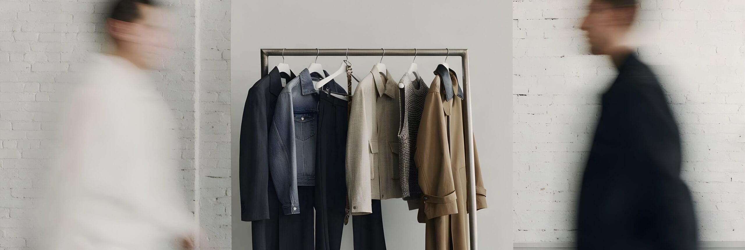 Colección de prendas de moda en un perchero de showroom entre dos personas en movimiento