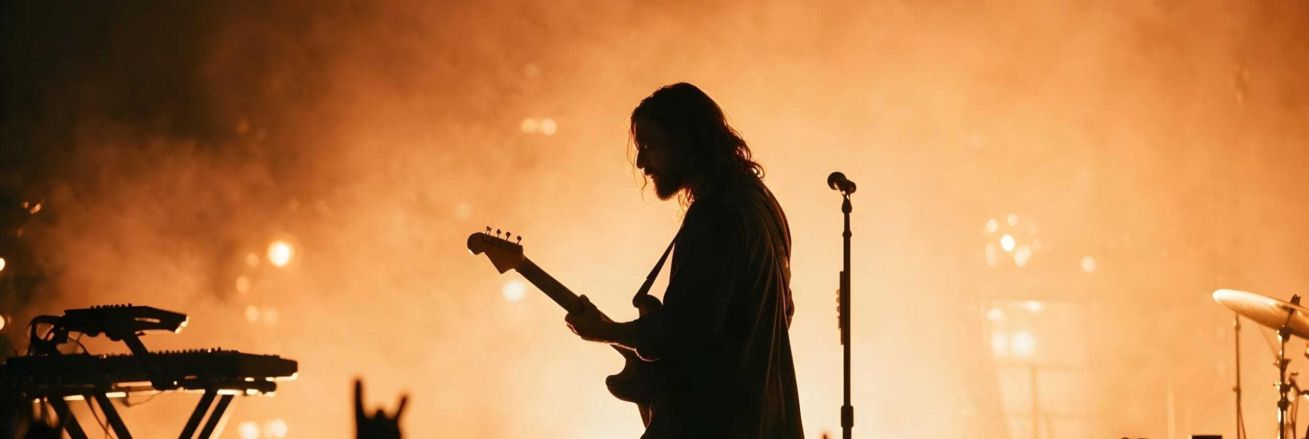 Guitarist performing on stage before a crowd in orange backlight