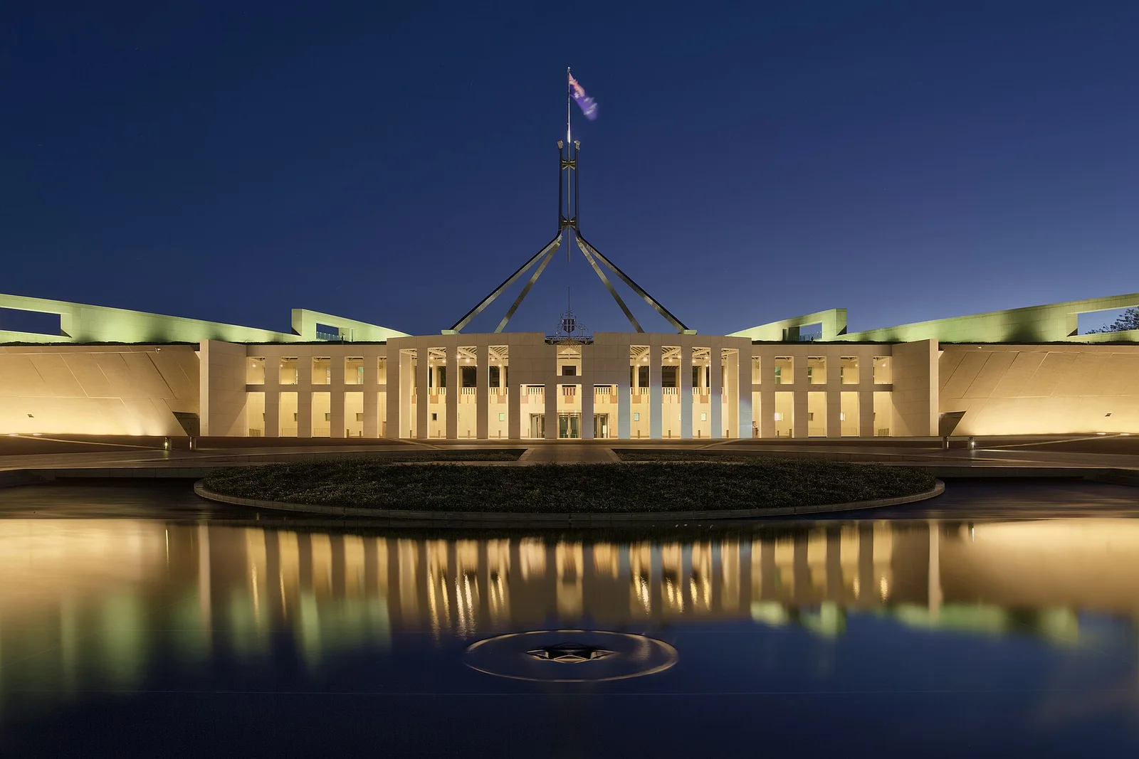 Australian Parliament House in Canberra at dusk