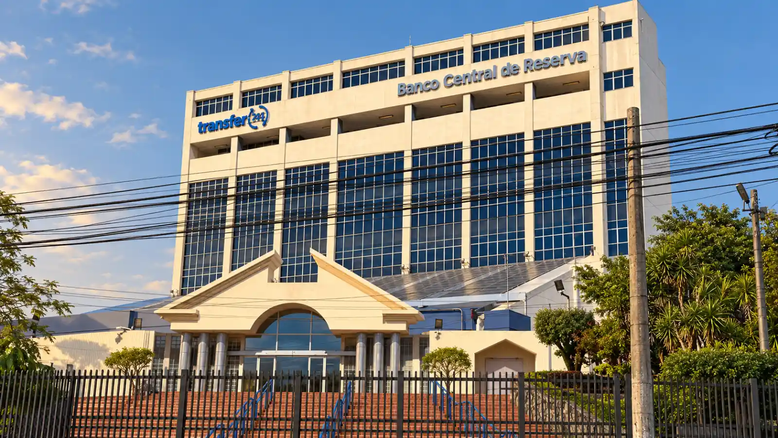 Central Reserve Bank facade in San Salvador, with its name and glazed entrance