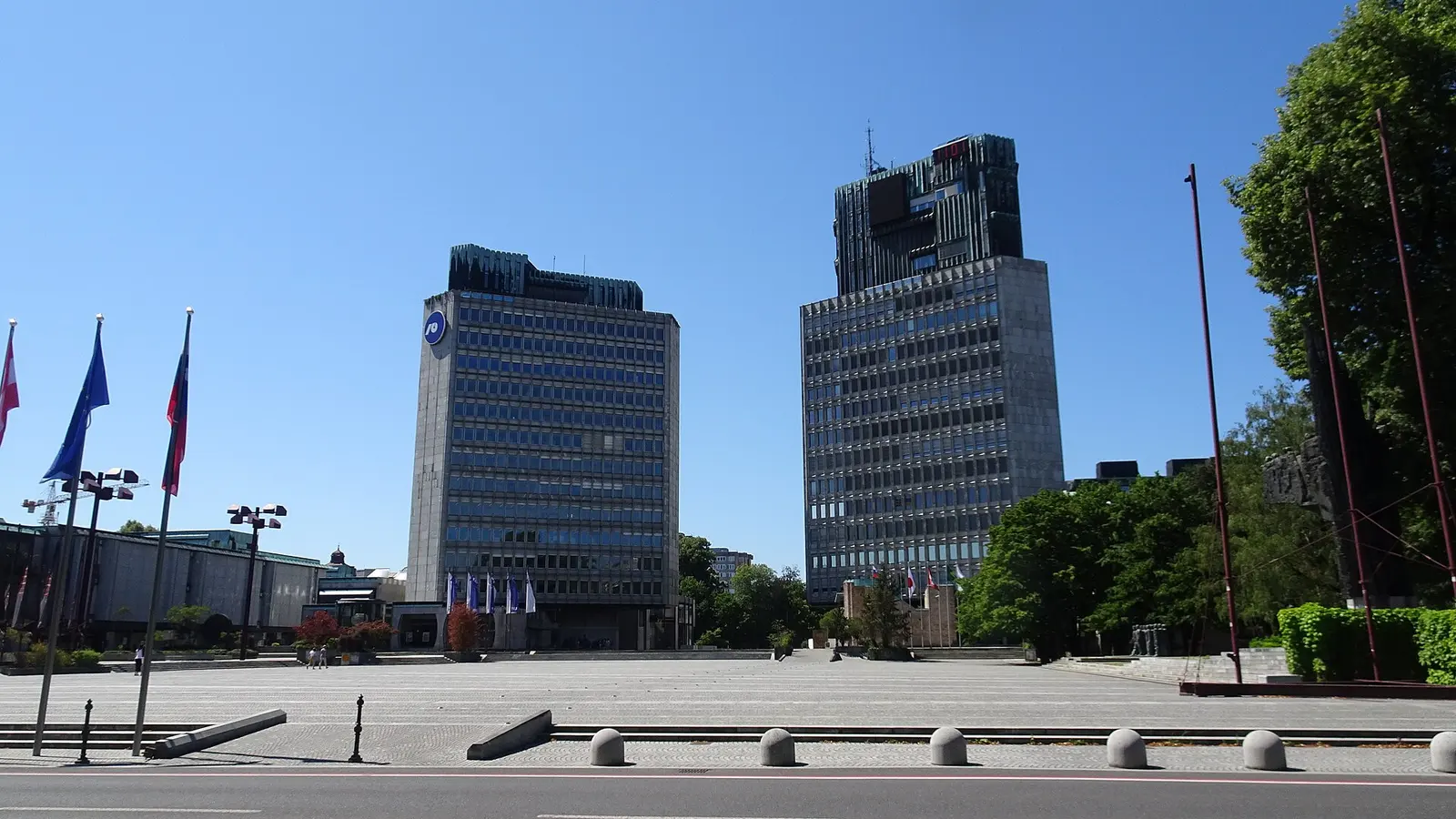 Flags and office towers on Republic Square in Ljubljana