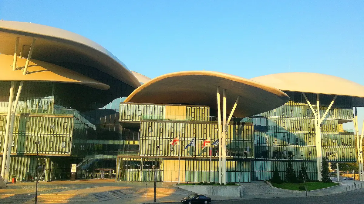 White roofs and glass facade of Tbilisi's Public Service Hall