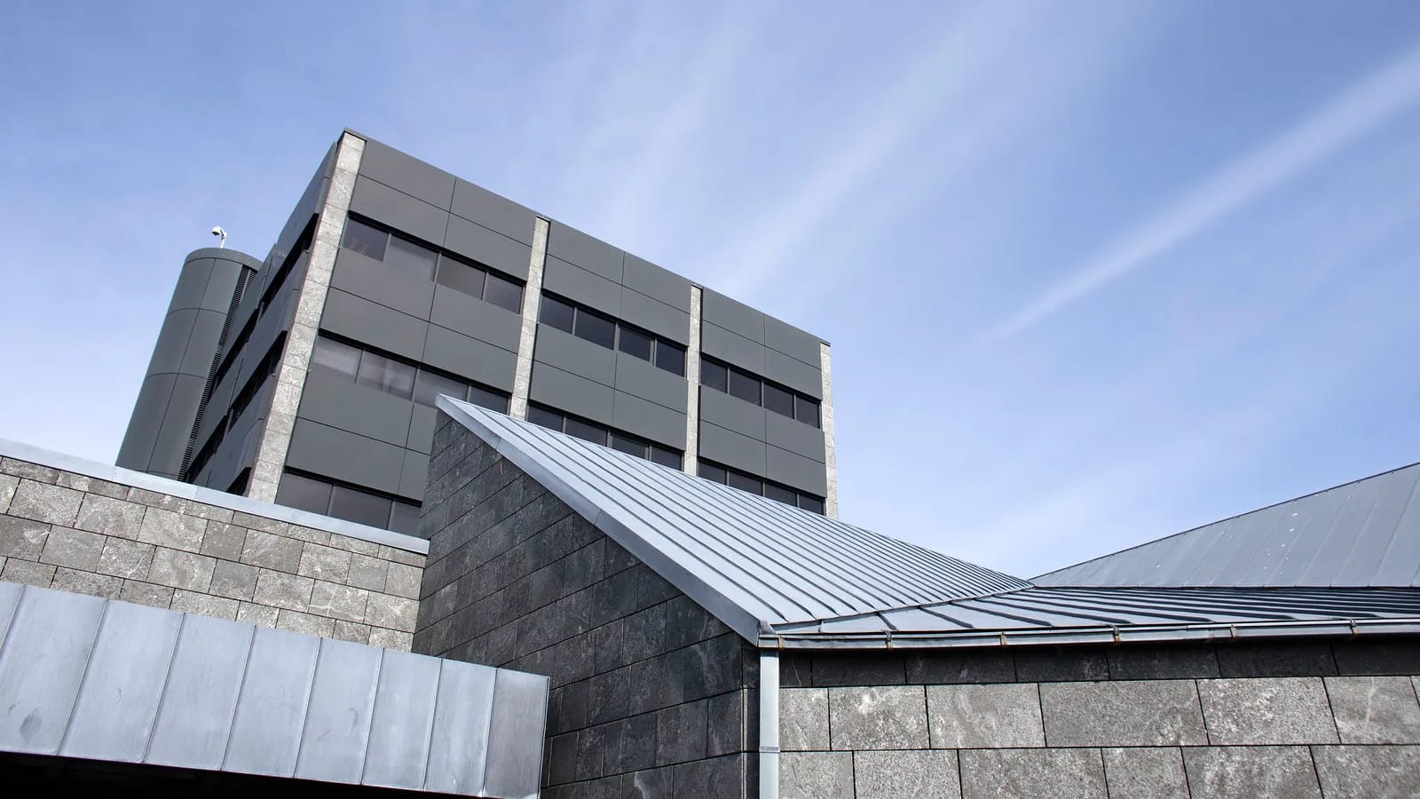 Facade and roofs of the Central Bank of Iceland in Reykjavík
