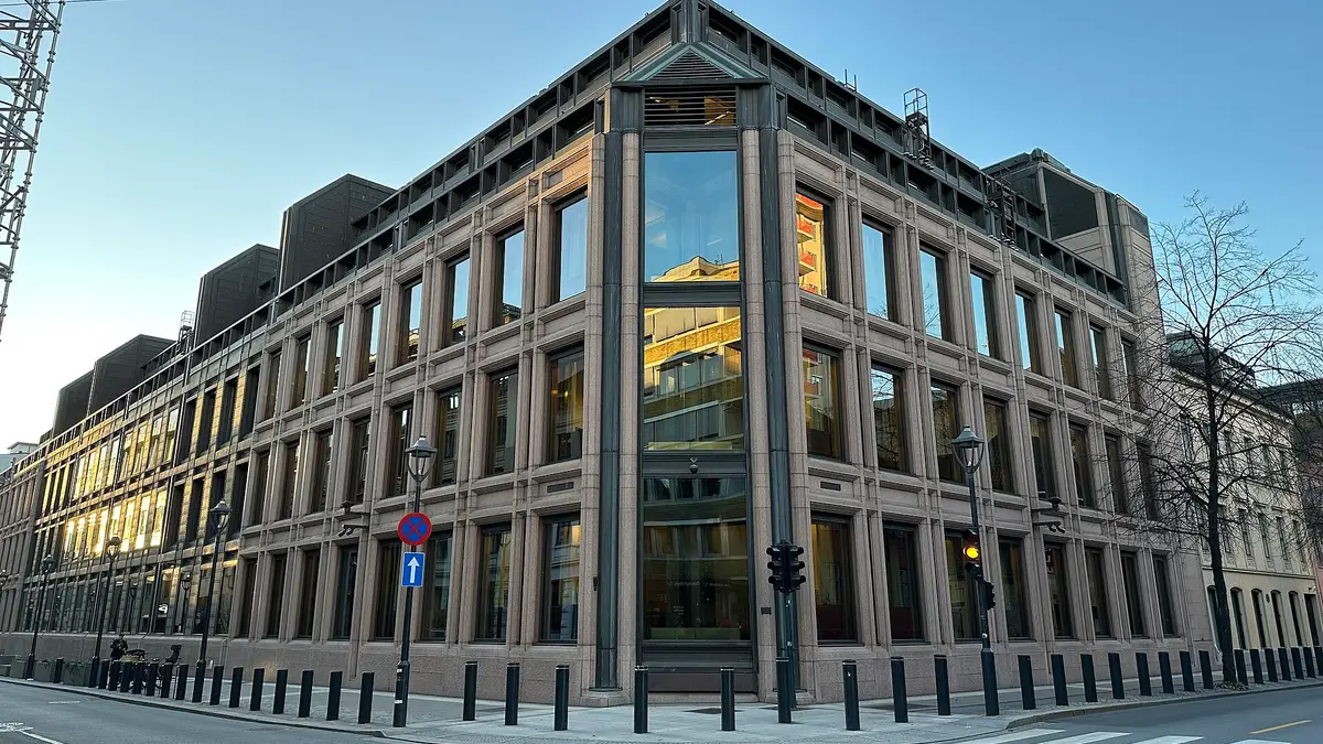 Facade of the Norges Bank building in Oslo
