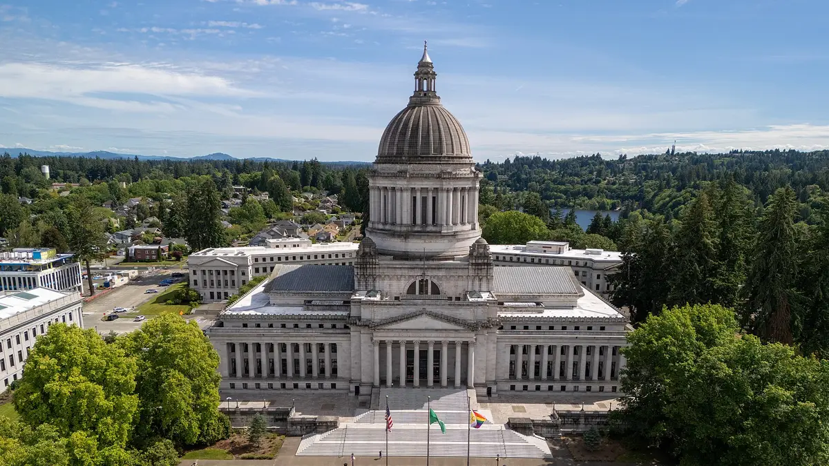 Aerial view of the Washington State Capitol and its flags in Olympia