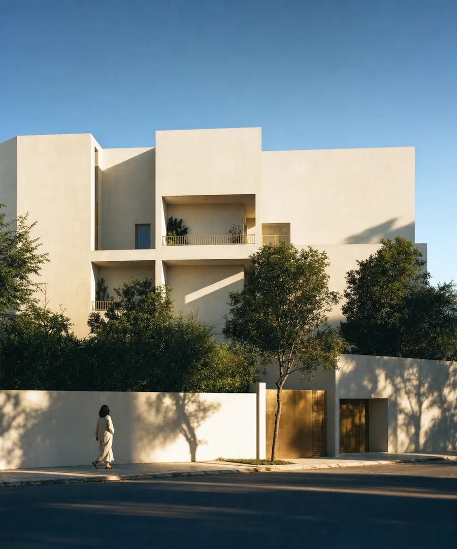 Edificio residencial blanco con sombras marcadas, el tipo de inmueble de una tokenización inmobiliaria