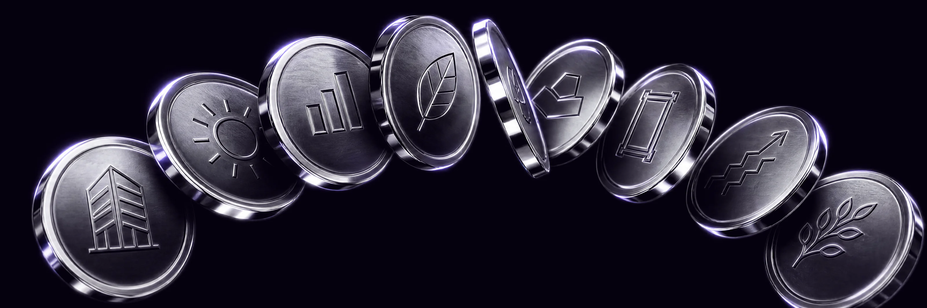 Monedas-token plateadas en arco con iconos de inmueble, energía, bonos, oro y arte, tokenización de activos
