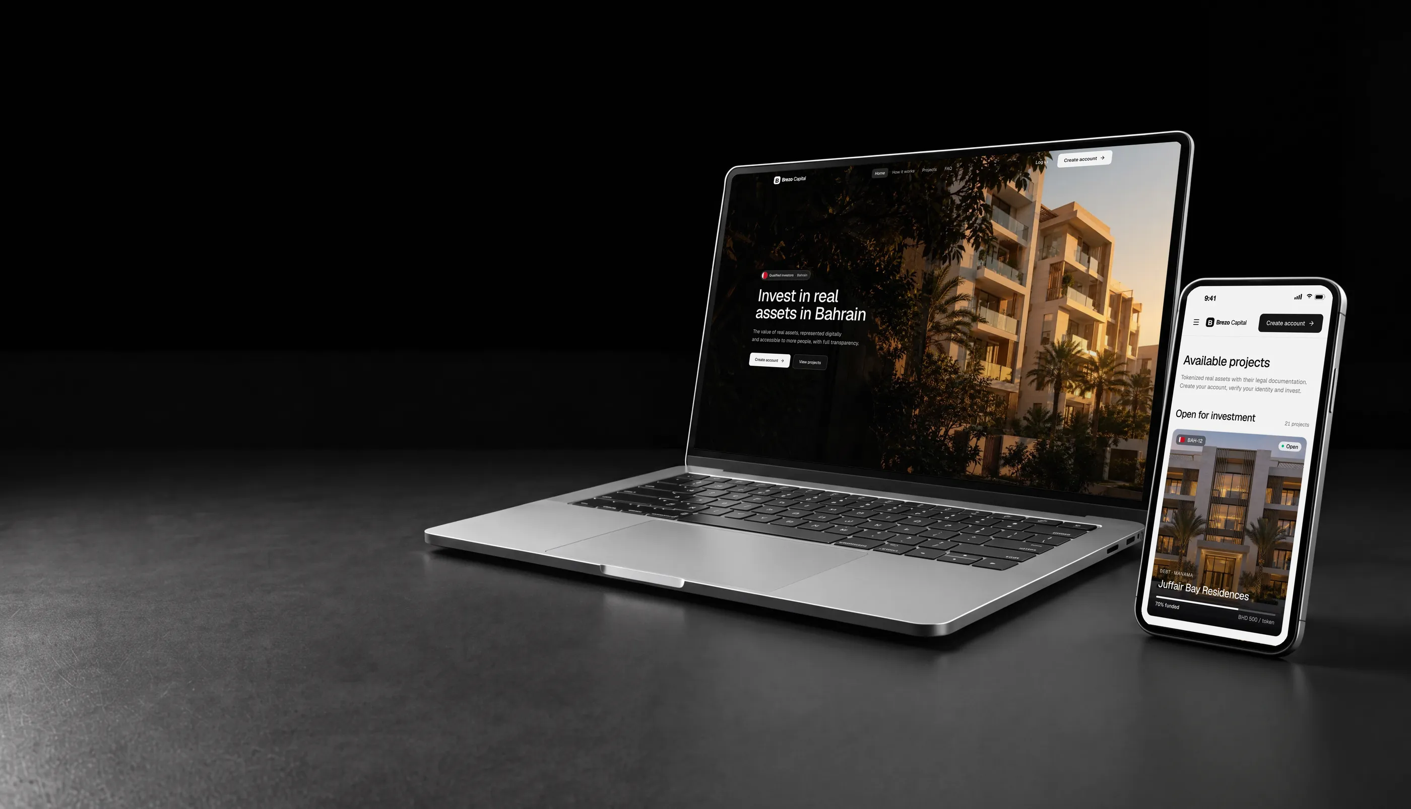 White label tokenization platform in Bahrain on a laptop and phone, with a residential building in Manama