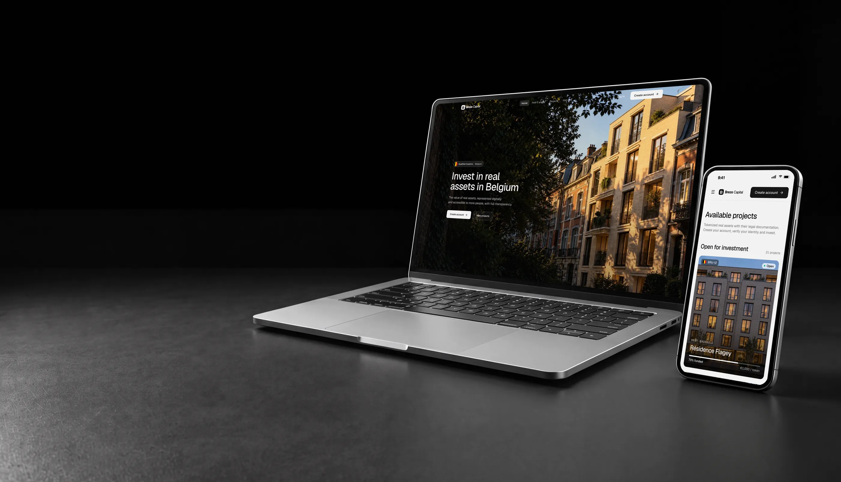 White label tokenization platform in Belgium on a laptop and a phone, with a residential building in Brussels