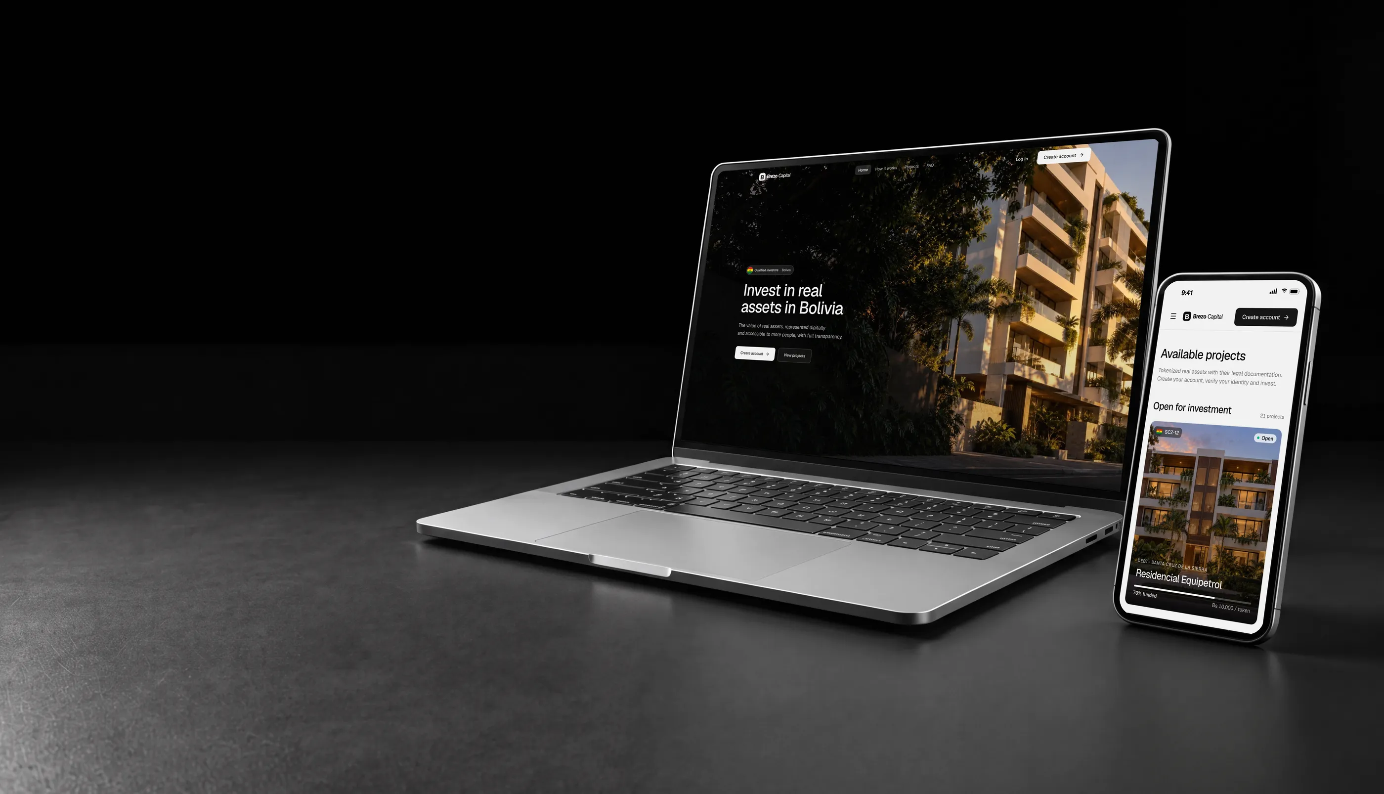 White label tokenization platform in Bolivia on a laptop and a phone, with a residential building in Santa Cruz de la Sierra