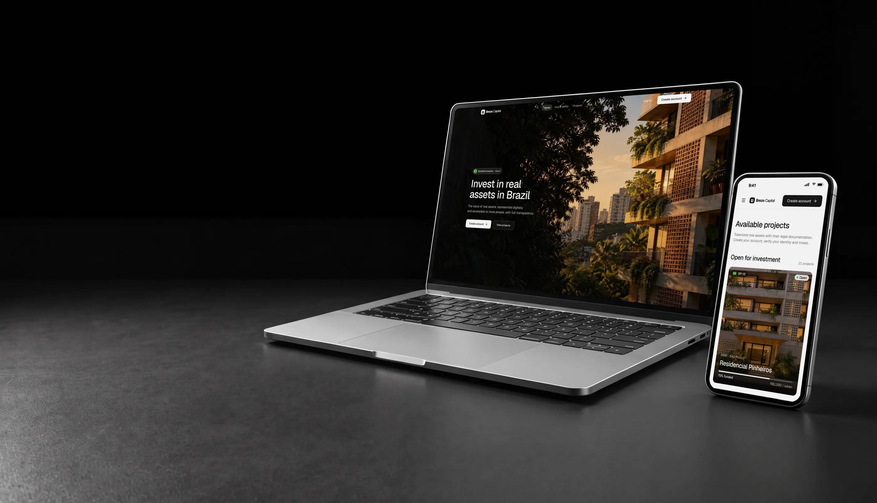 White label tokenization platform in Brazil on a laptop and a phone, with a residential building in São Paulo
