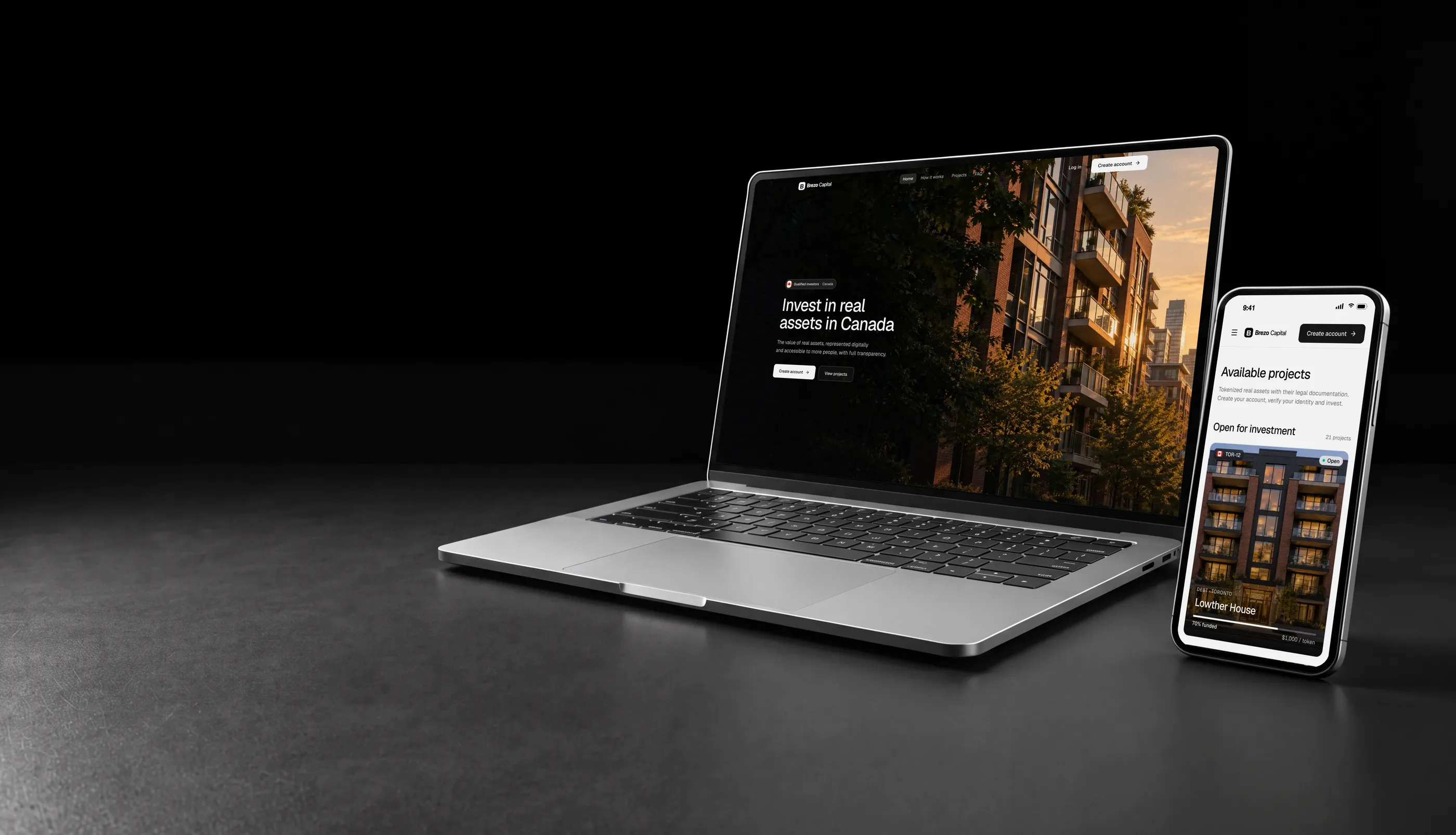 White label tokenization platform in Canada on a laptop and phone, with a residential building in Toronto