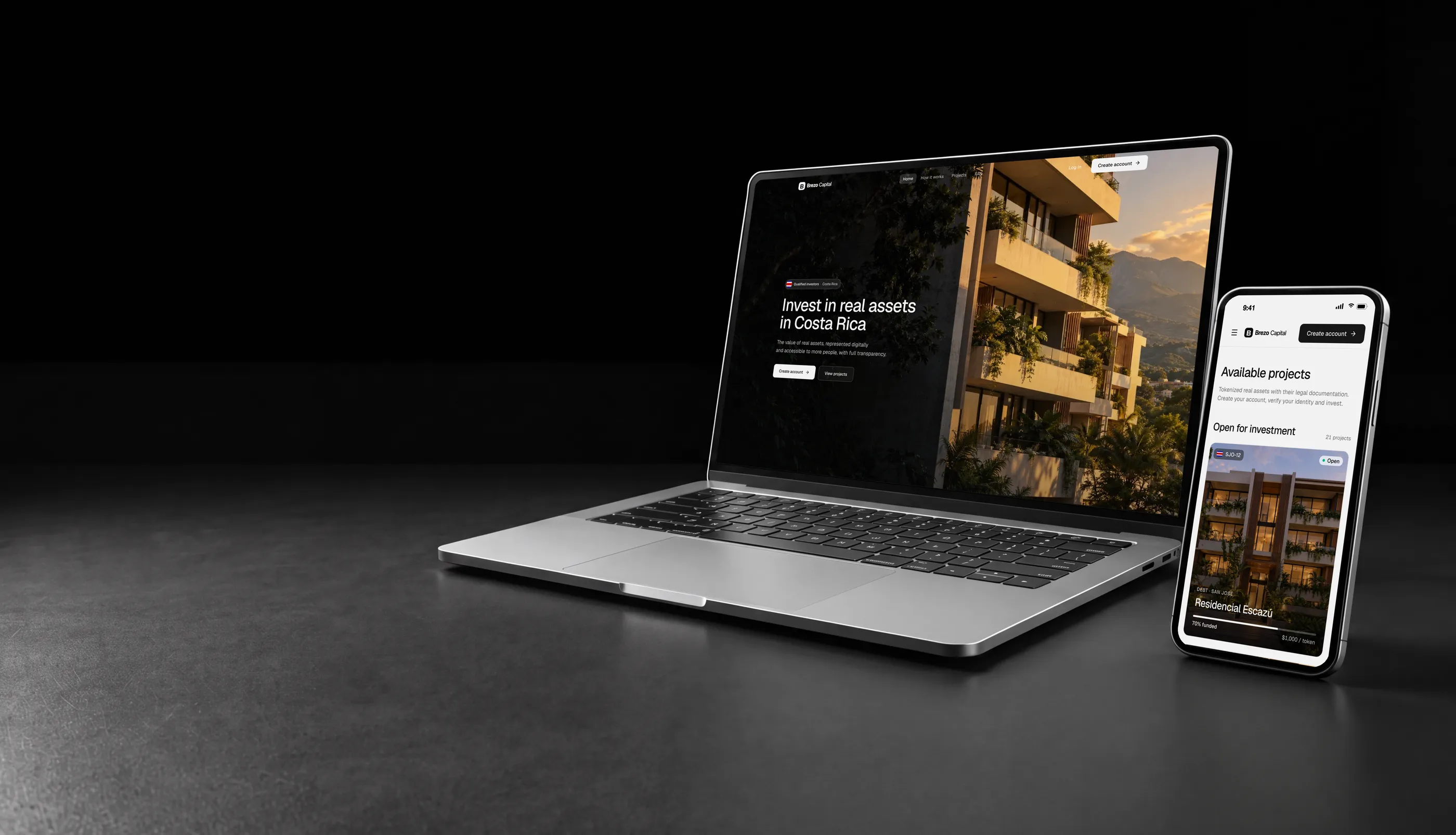 White label tokenization platform in Costa Rica on a laptop and a phone, with a residential building in San José