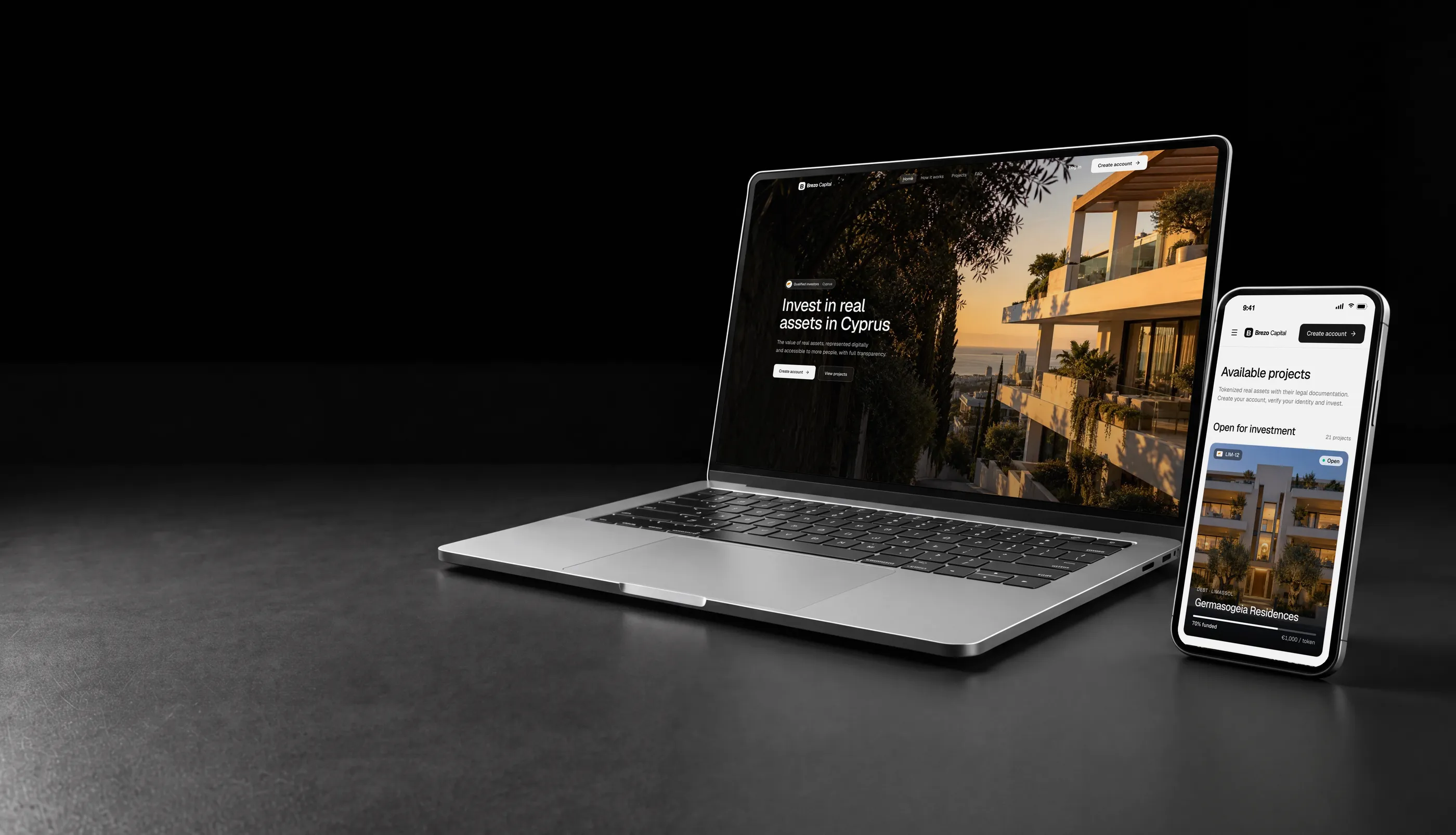 White label tokenization platform in Cyprus on a laptop and phone, with a residential building in Limassol