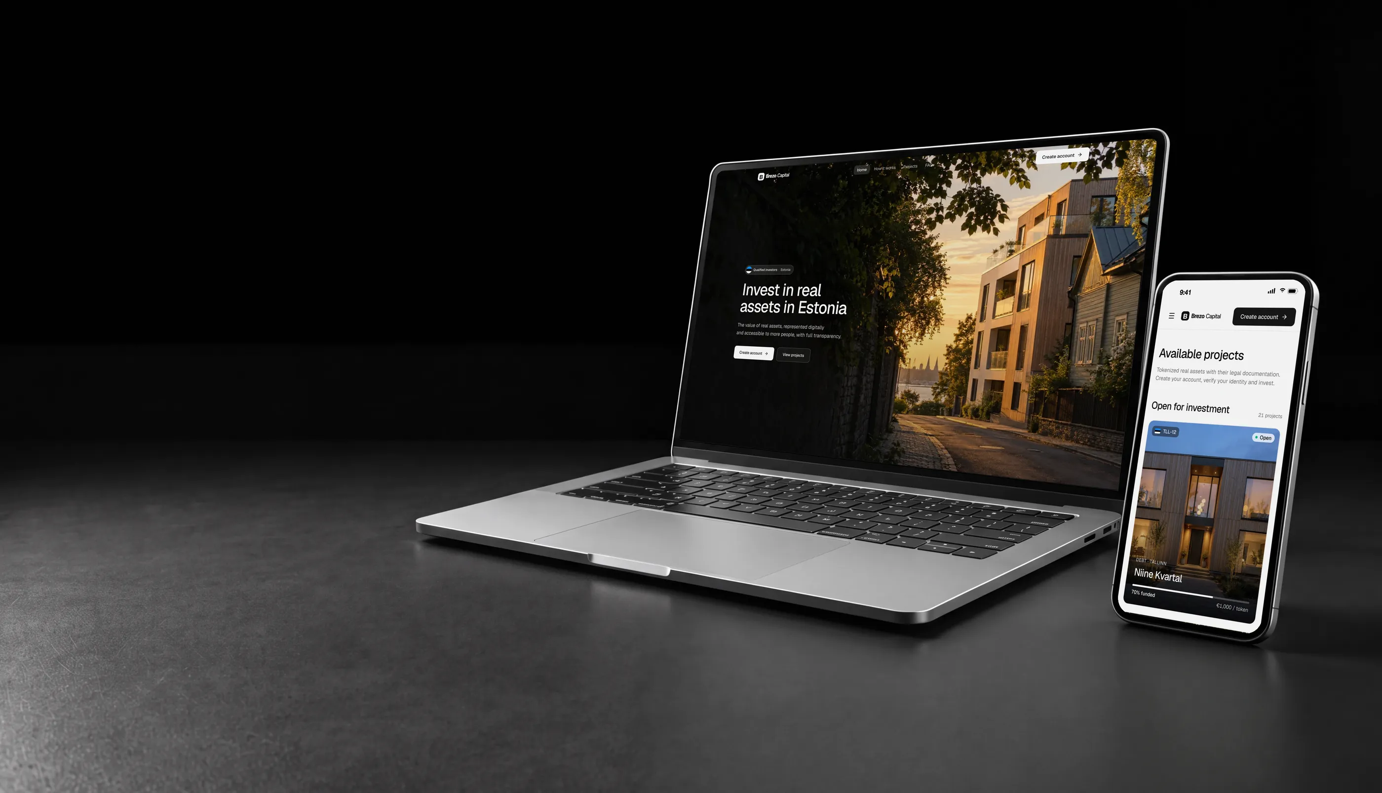 White label tokenization platform in Estonia on a laptop and phone, with a residential building in Tallinn