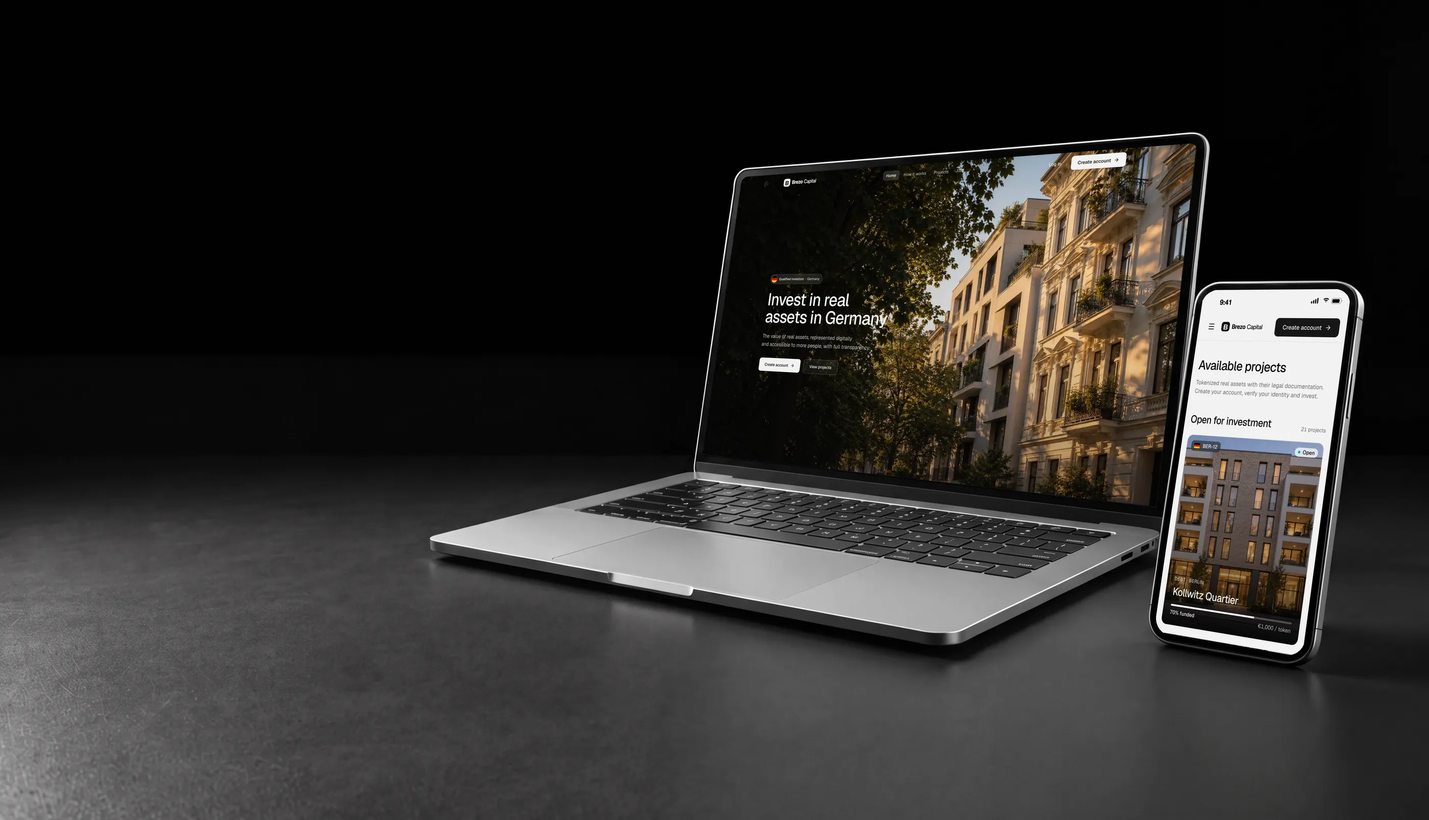 White label tokenization platform in Germany on a laptop and phone, with a residential building in Berlin