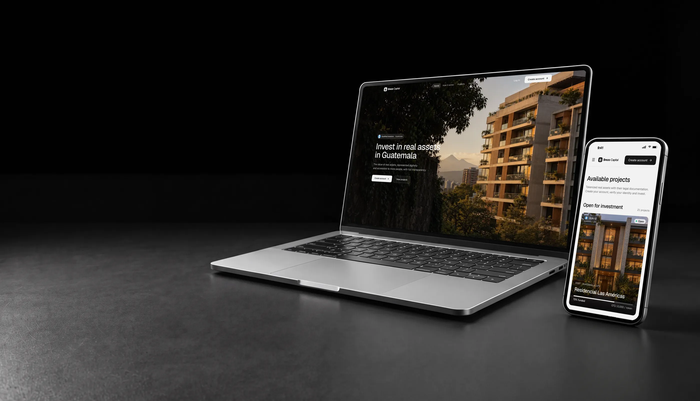 White label tokenization platform in Guatemala on a laptop and a phone, with a residential building in Guatemala City