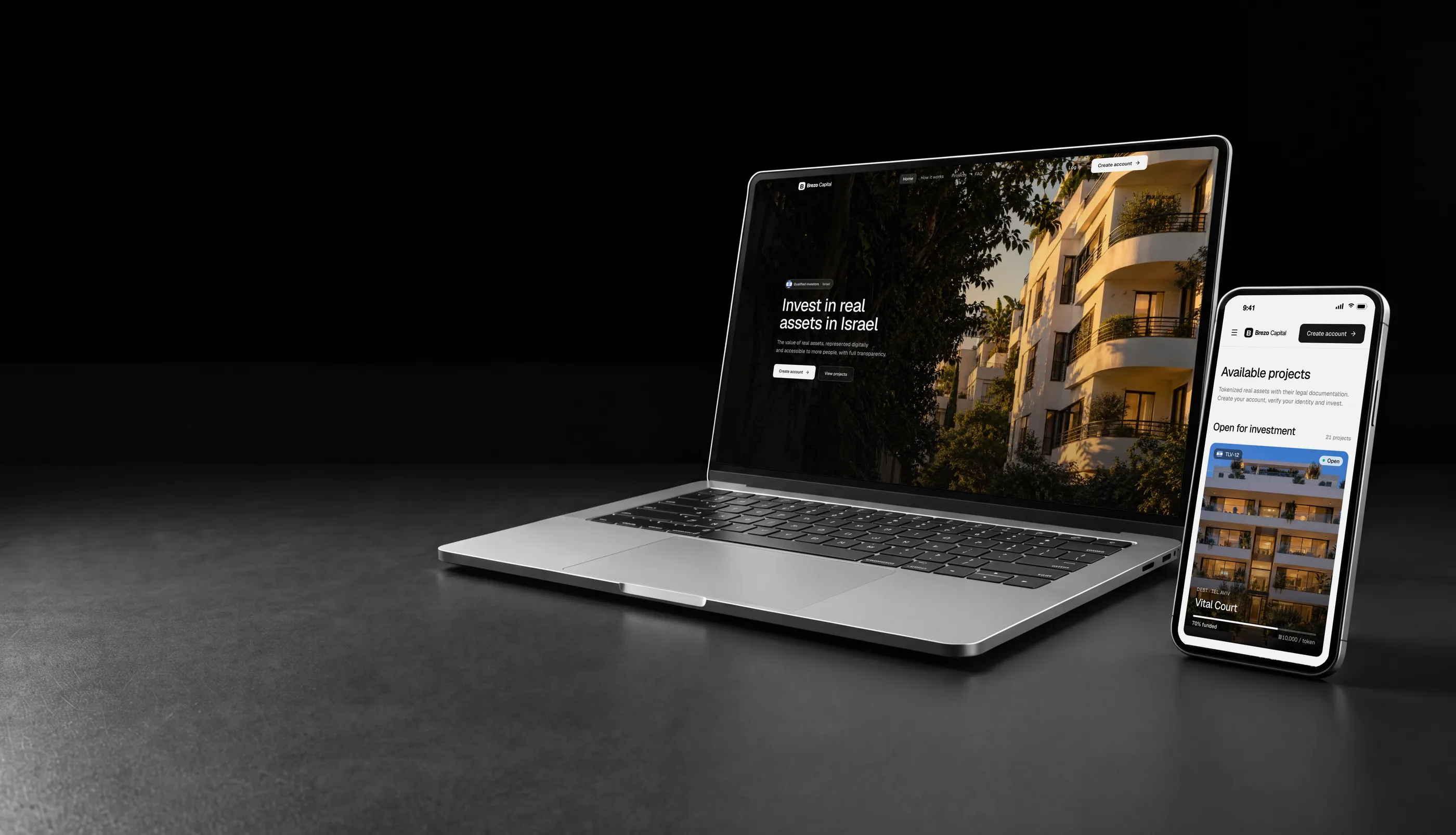 White label tokenization platform in Israel on a laptop and phone, with a residential building in Tel Aviv