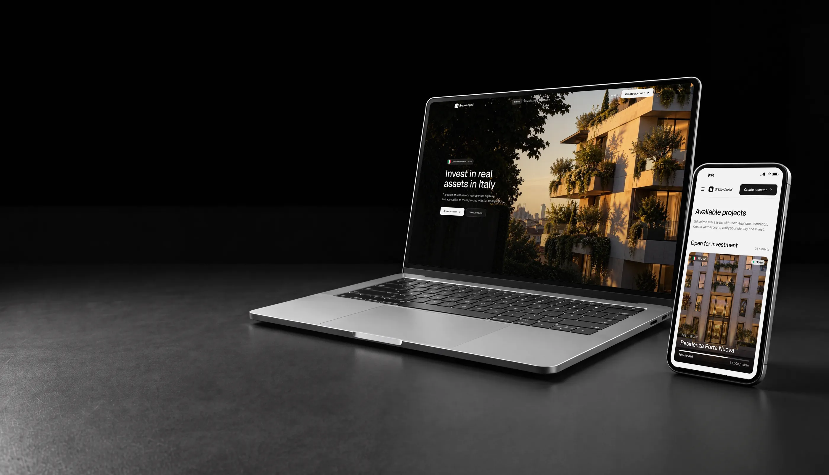 White label tokenization platform in Italy on a laptop and phone, with a residential building in Milan