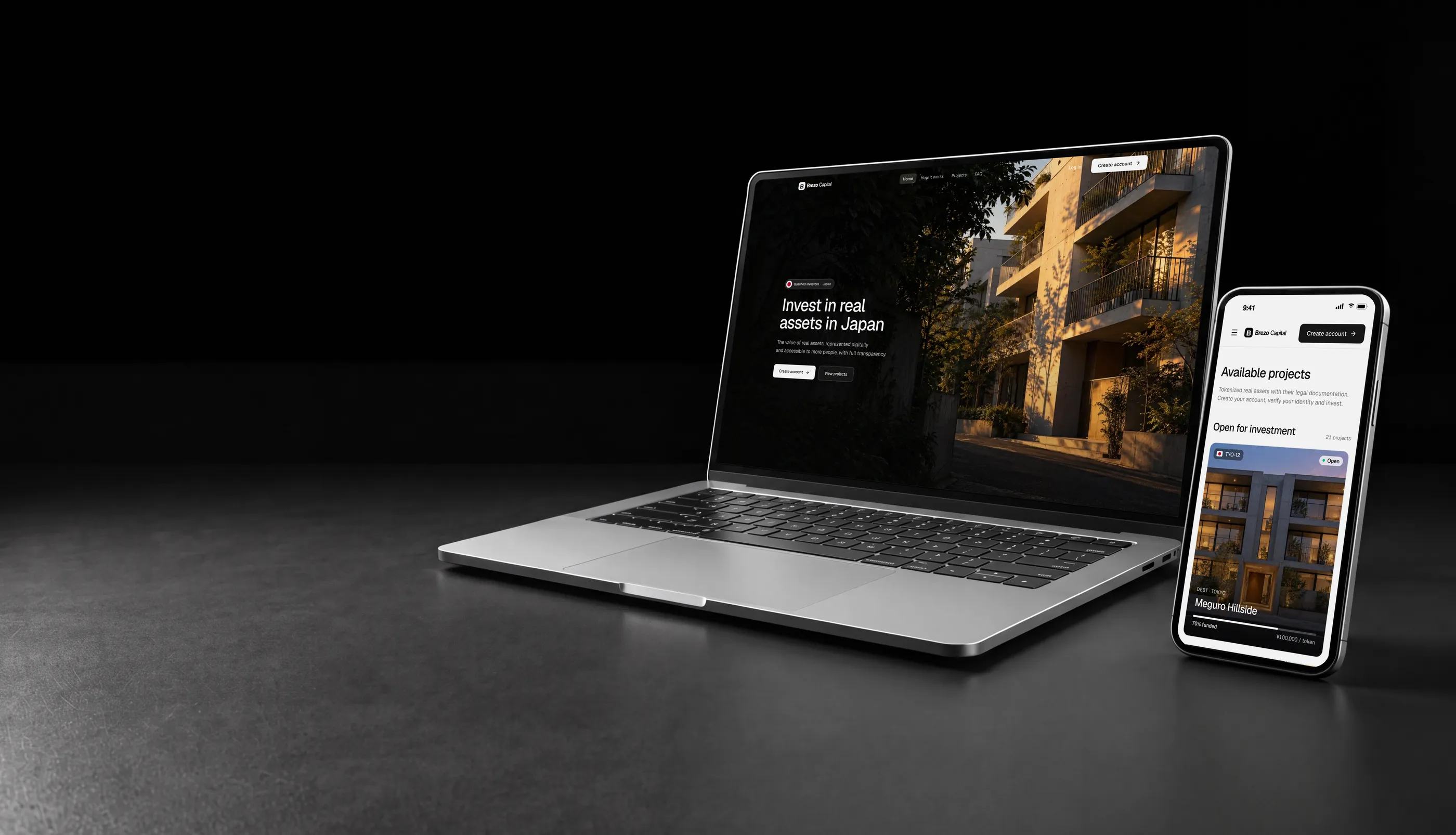 White label tokenization platform in Japan on a laptop and a phone, with a residential building in Tokyo