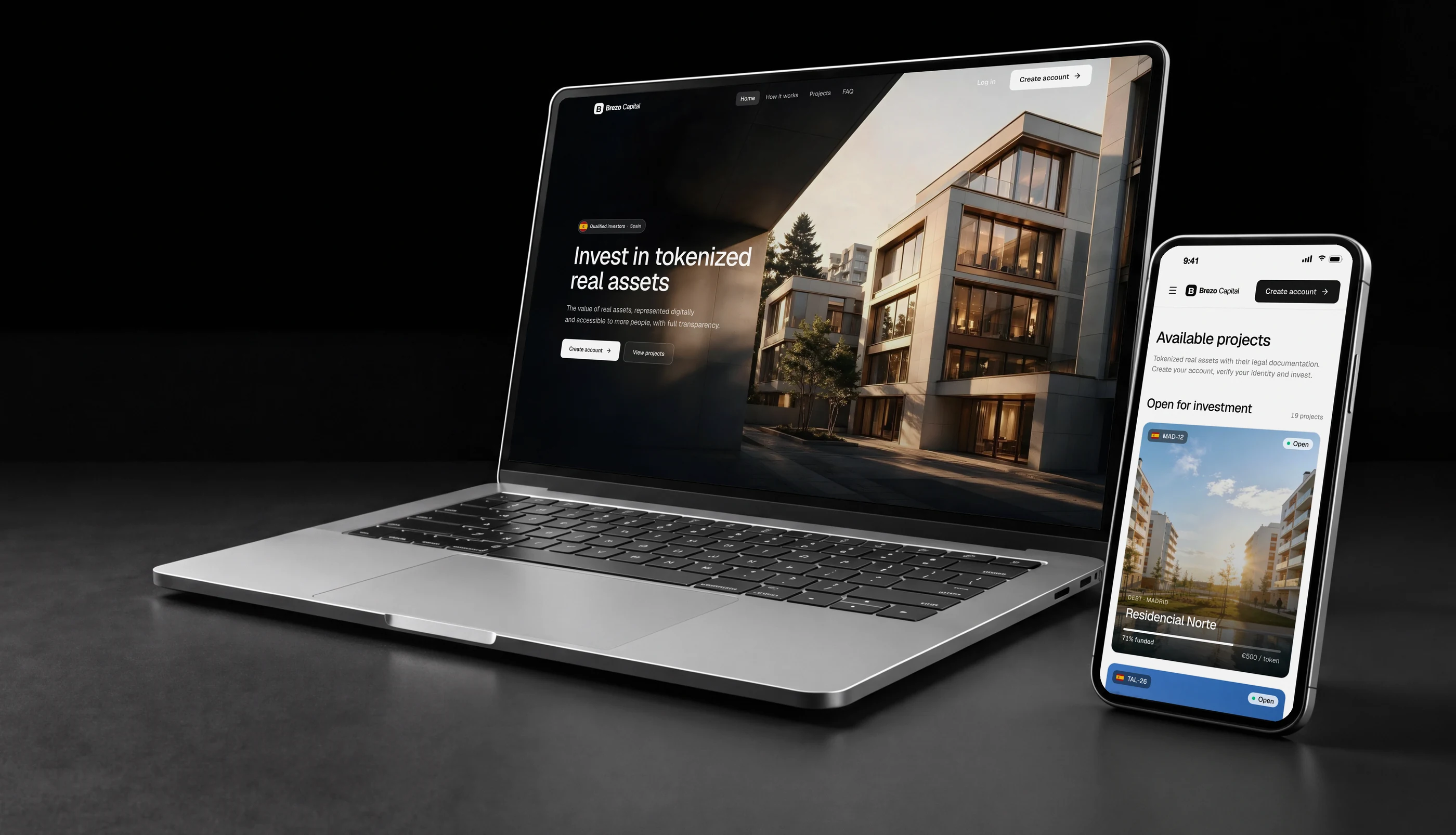 Home page and project catalog of a white label tokenization platform on a laptop and phone