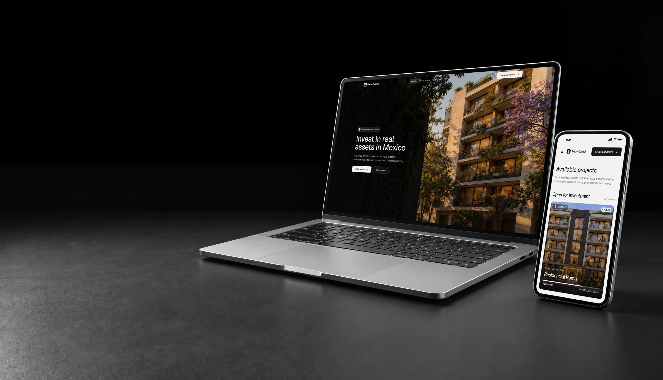 White label tokenization platform in Mexico on a laptop and a phone, with a residential building in Mexico City