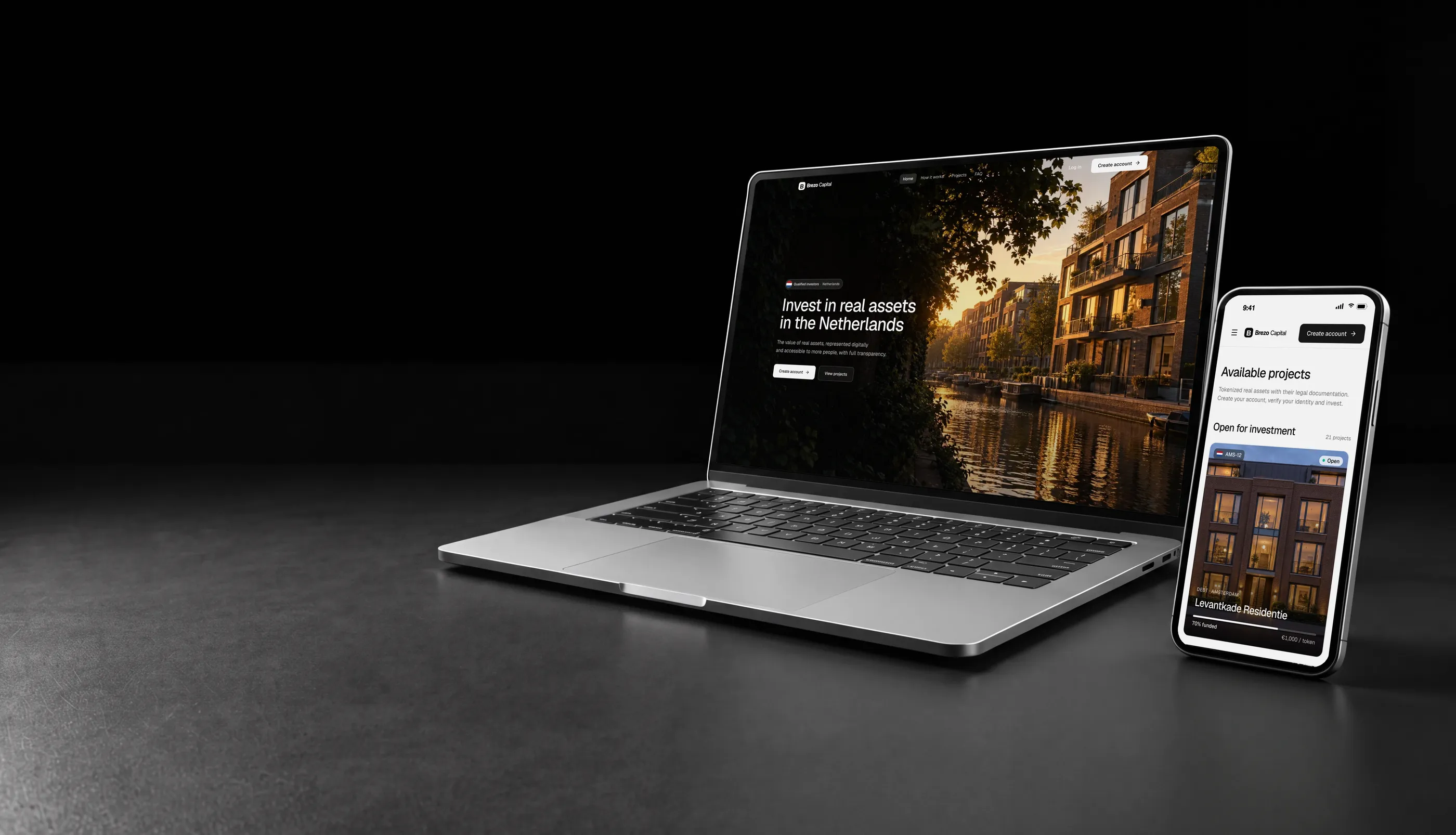 White label tokenization platform in the Netherlands on a laptop and phone, with a residential building in Amsterdam