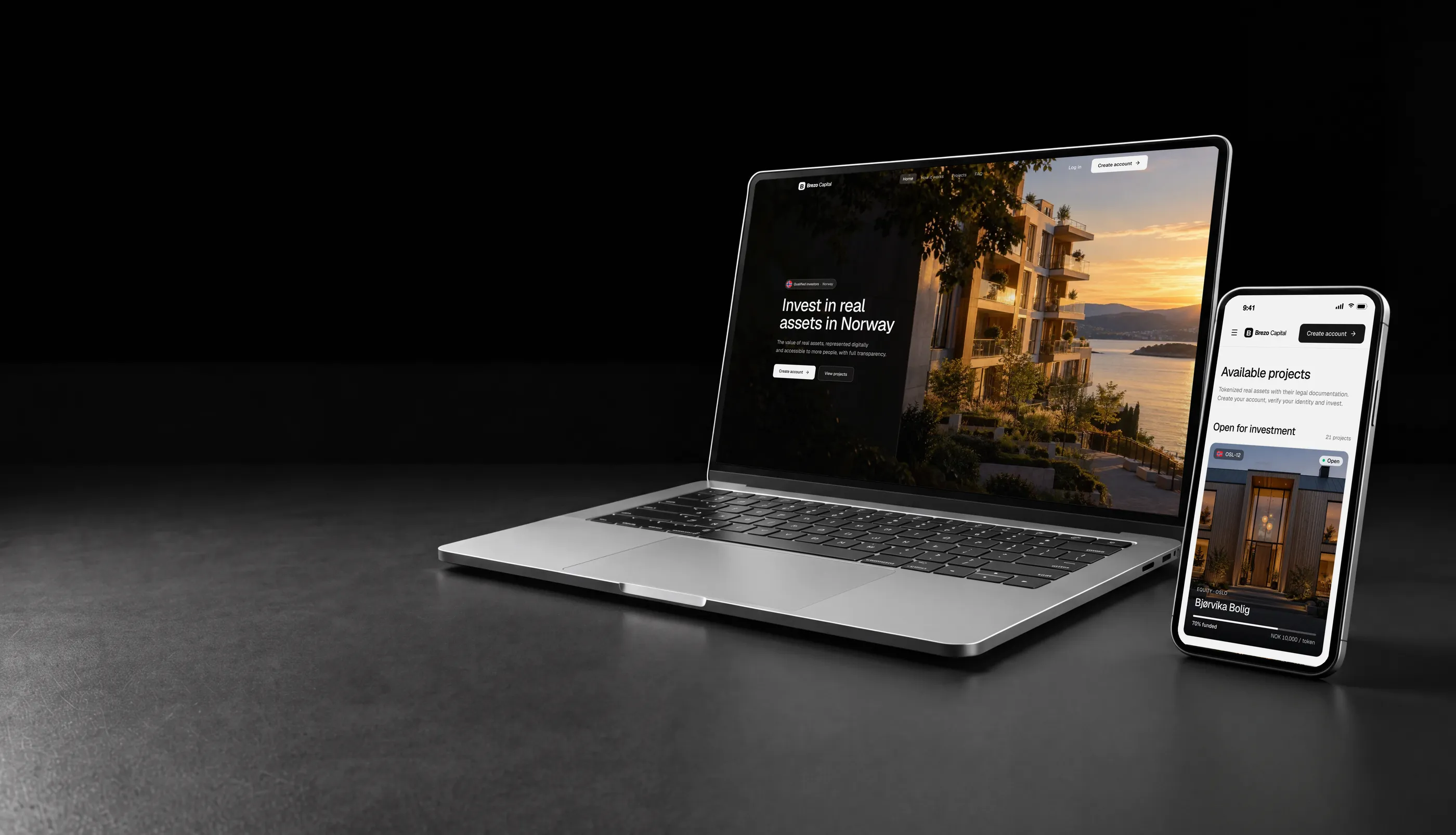 White label tokenization platform in Norway on a laptop and a phone, with a residential building in Oslo