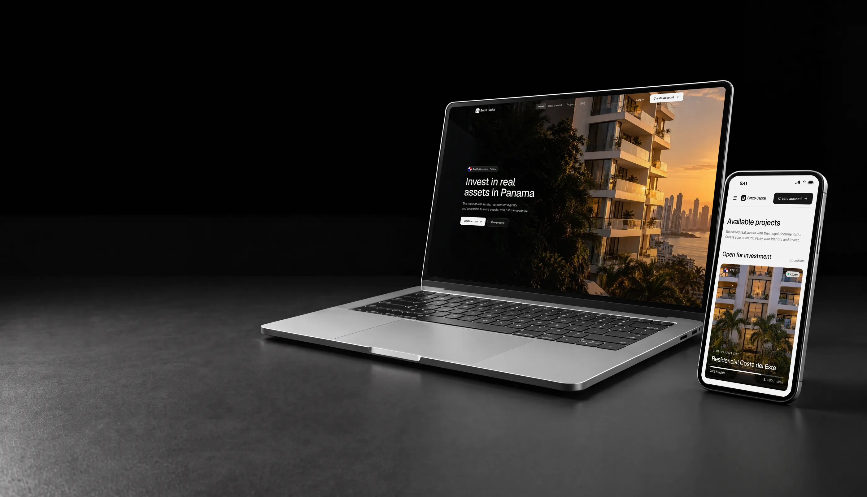 White label tokenization platform in Panama on a laptop and a phone, with a residential building in Panama City