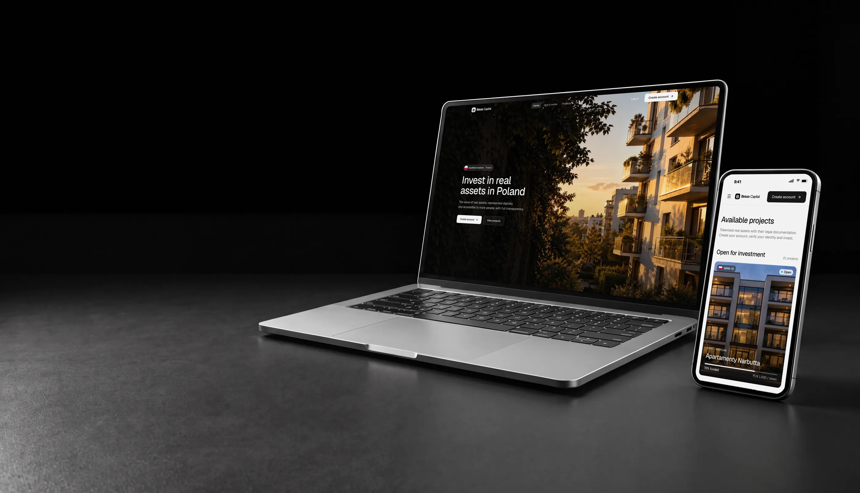 White label tokenization platform in Poland on a laptop and phone, with a residential building in Warsaw