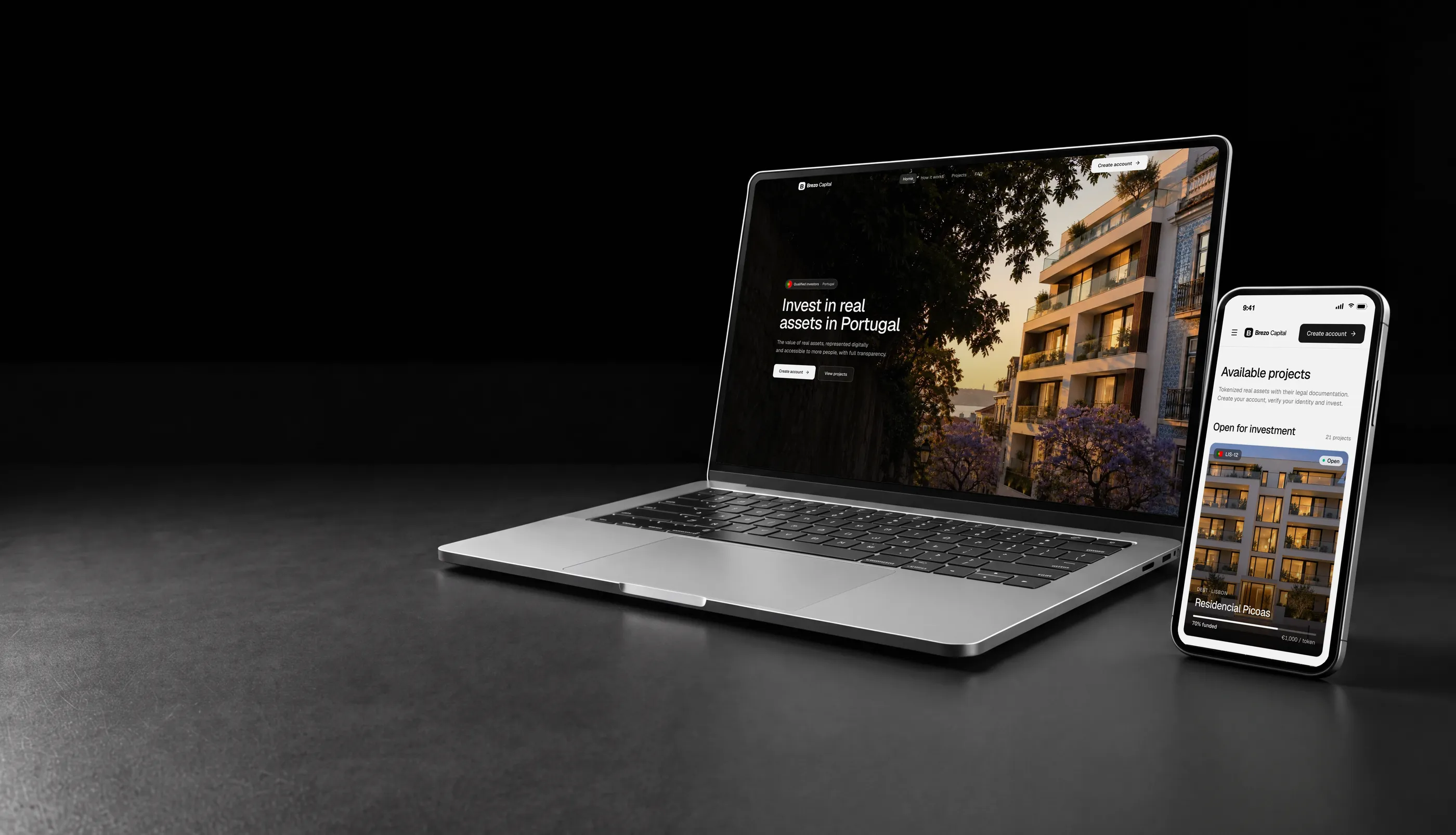 White label tokenization platform in Portugal on a laptop and phone, with a residential building in Lisbon