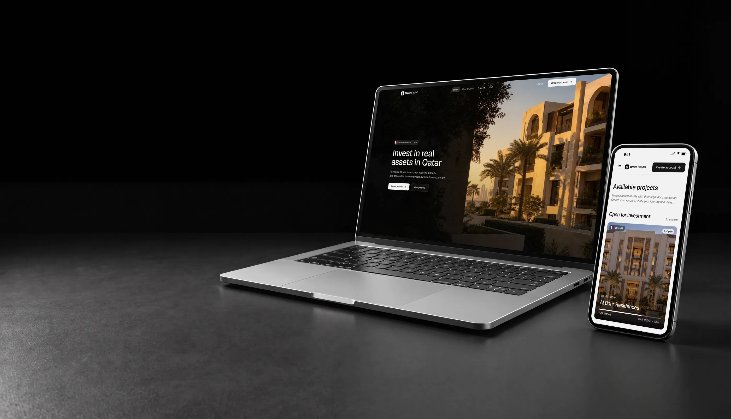 White label tokenization platform in Qatar on a laptop and phone, with a residential building in Doha