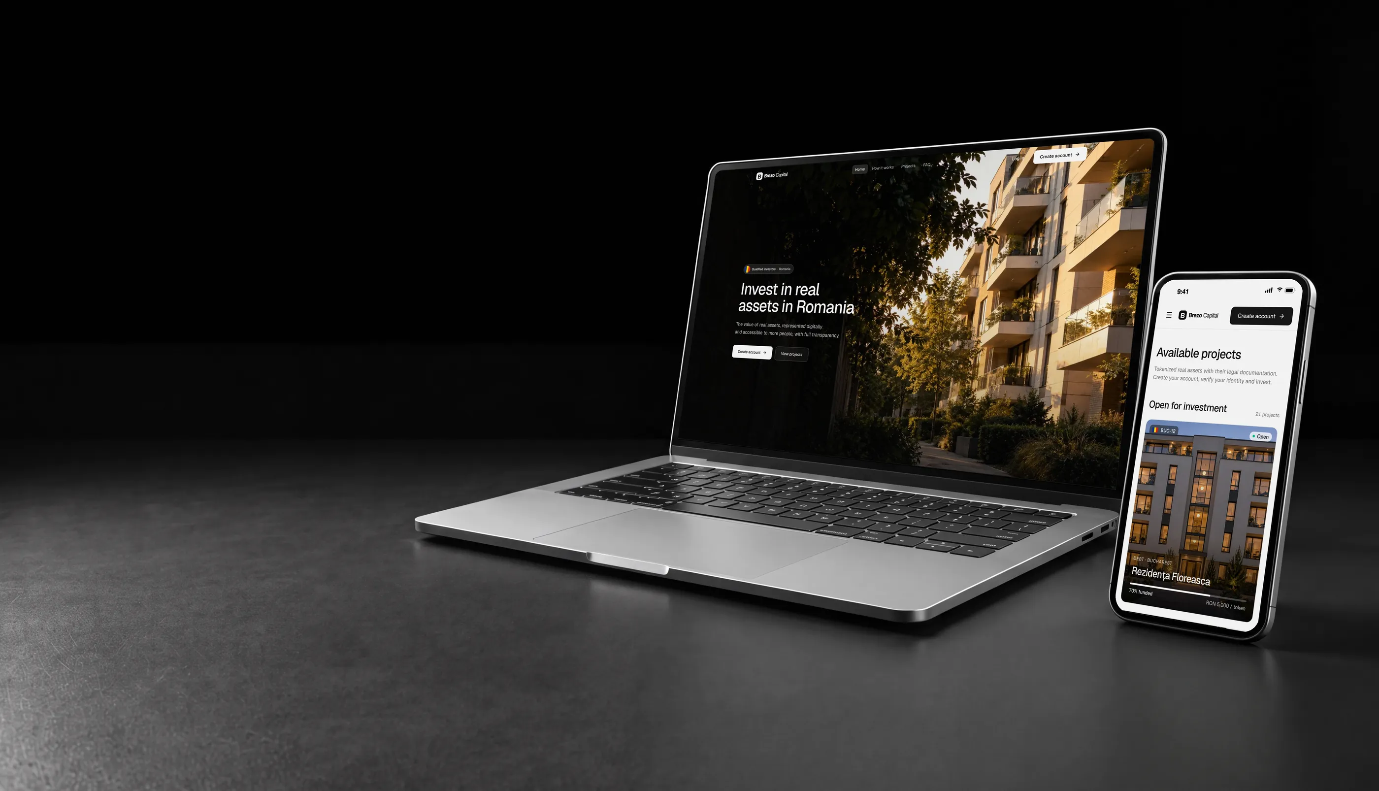 White label tokenization platform in Romania on a laptop and phone, with a residential building in Bucharest