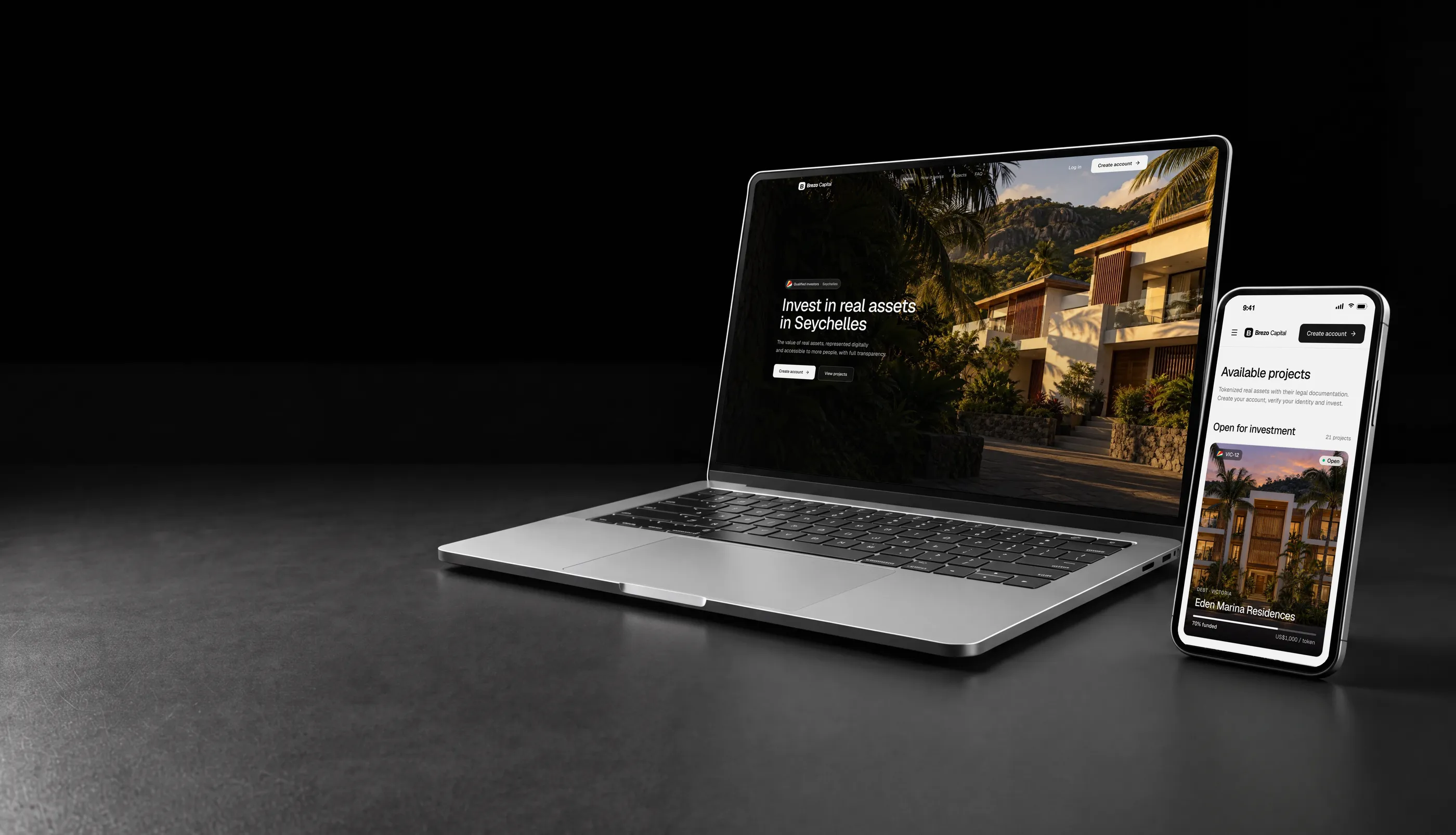 White label tokenization platform in Seychelles on a laptop and a phone, with a residential building in Victoria