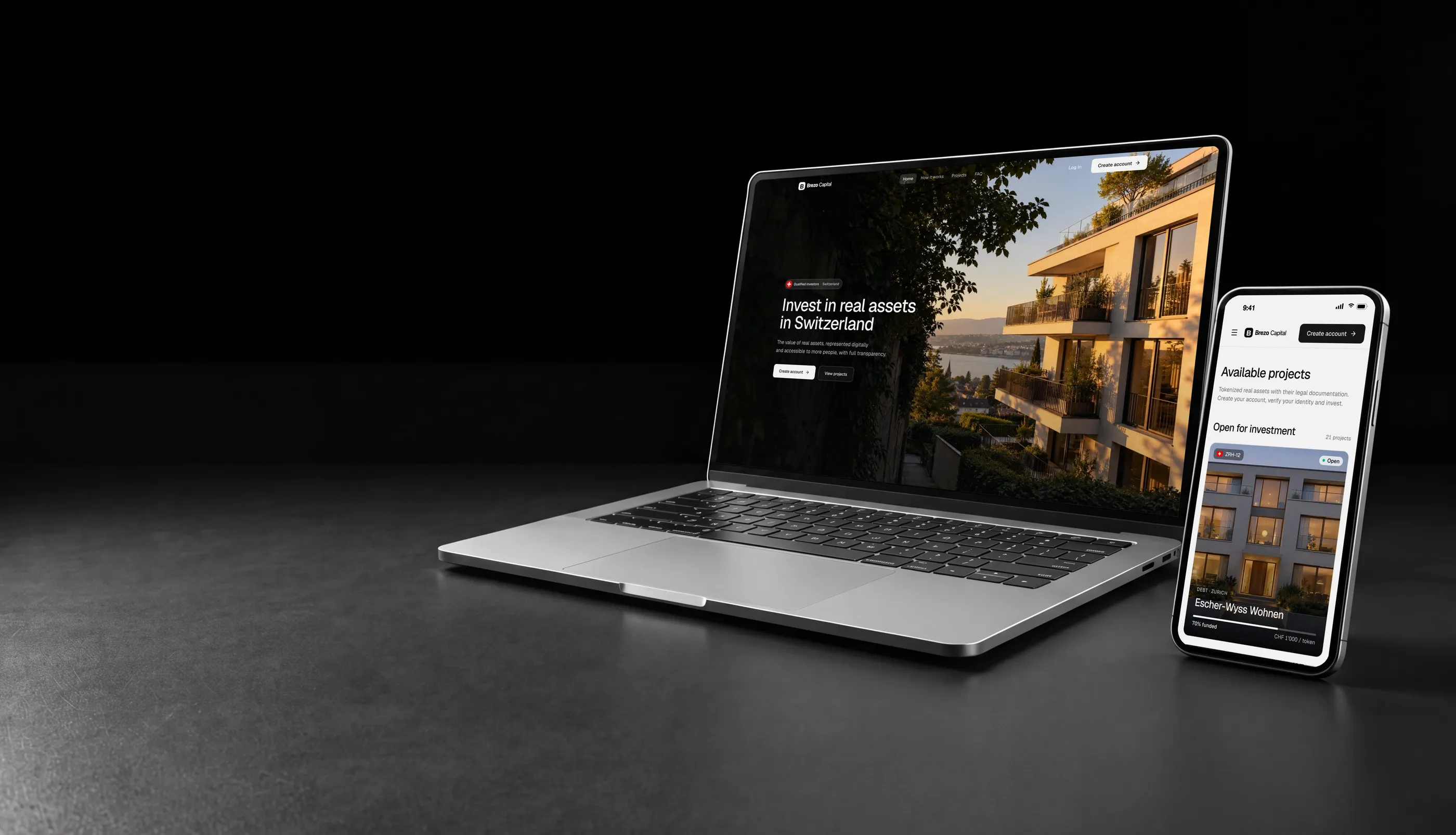 White label tokenization platform in Switzerland on a laptop and a phone, with a residential building in Zurich