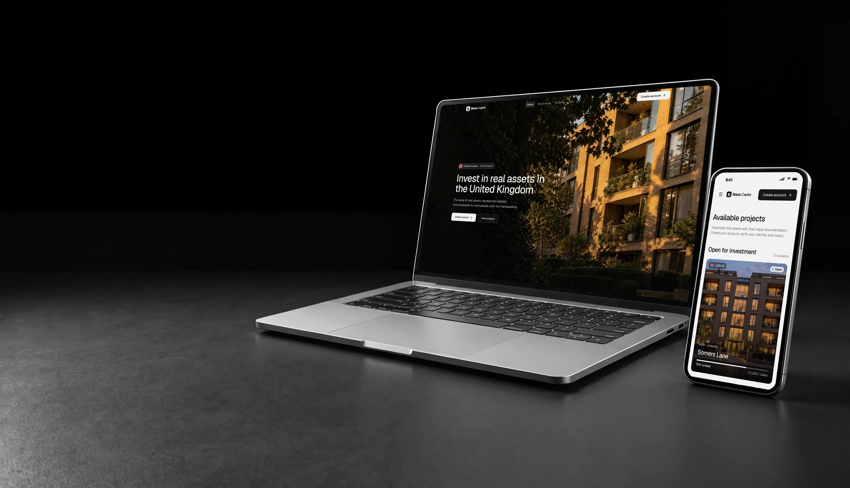 White label tokenization platform in the United Kingdom on a laptop and a phone, with a residential building in London