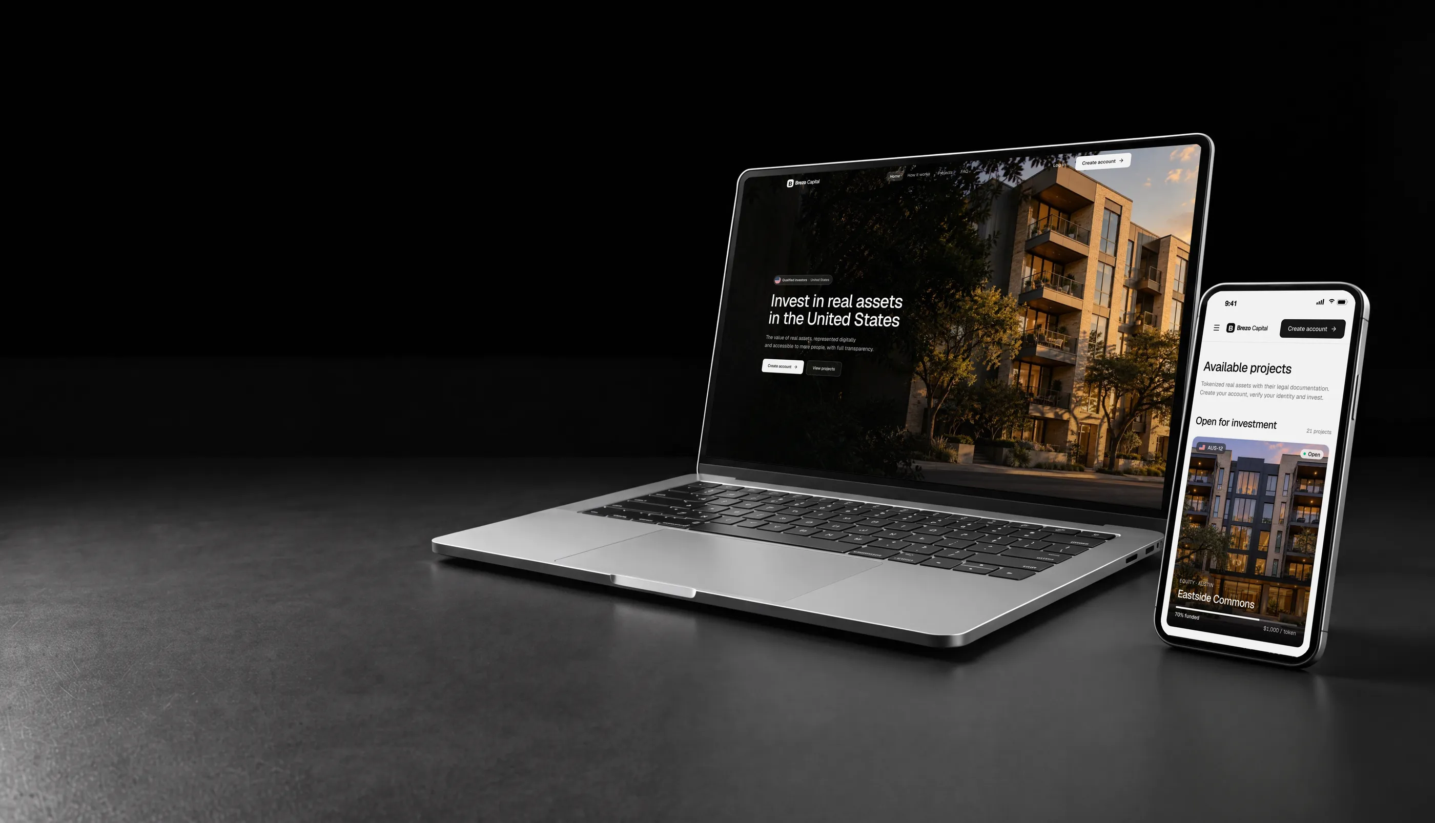 White label tokenization platform in the United States on a laptop and phone, with a residential building in Austin
