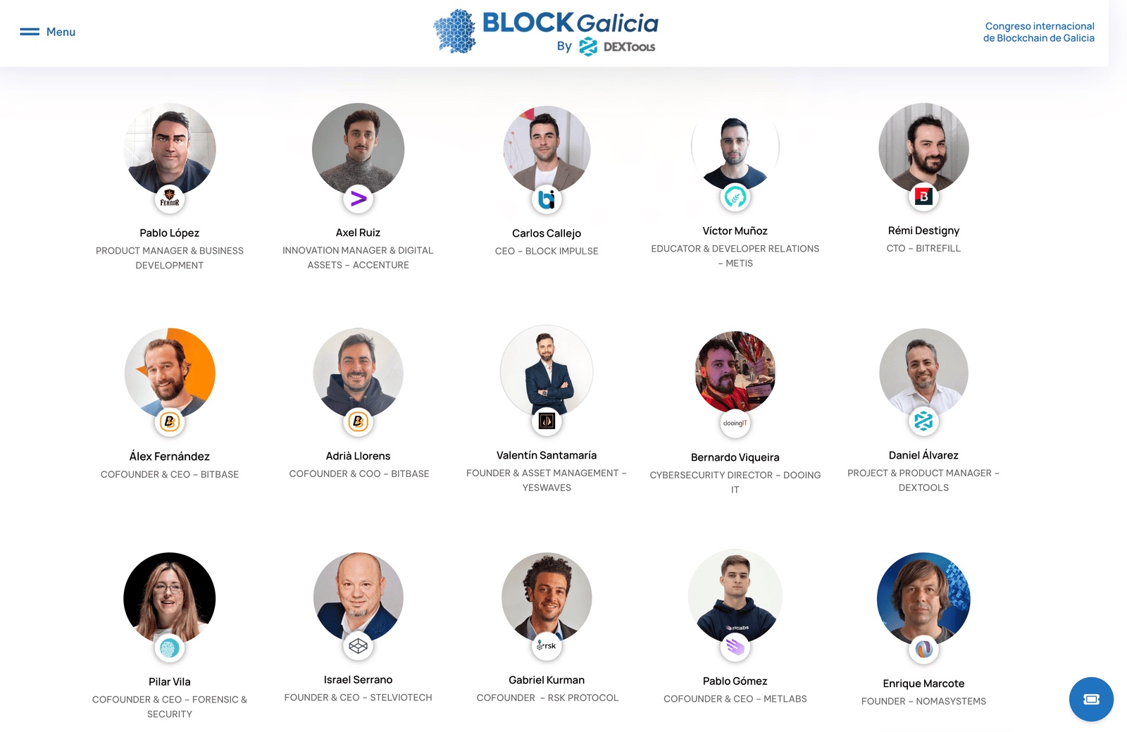 Screenshot of the BlockGalicia speaker list, including Pablo Gómez.