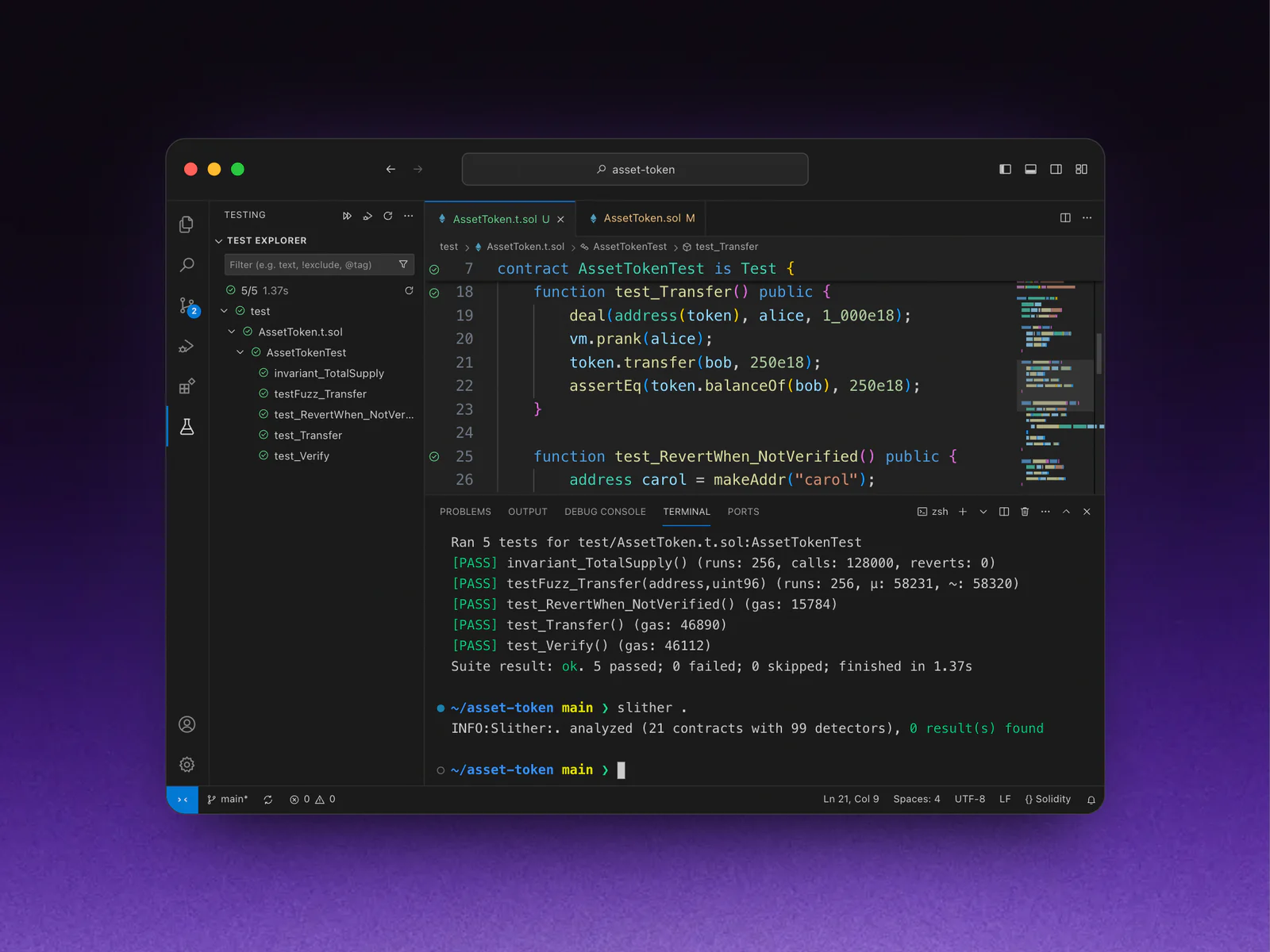 Editor showing smart contract tests and a Foundry and Slither terminal