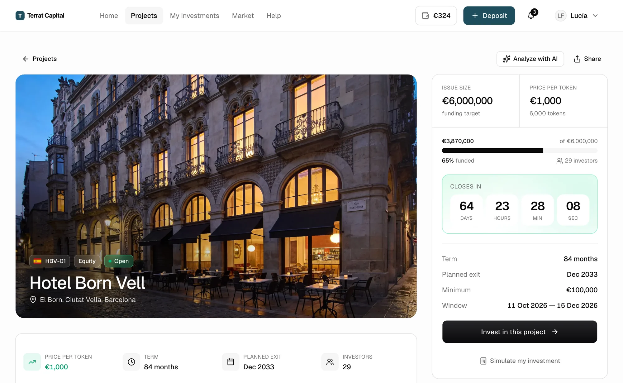 Investor portal showing a property and its subscription terms