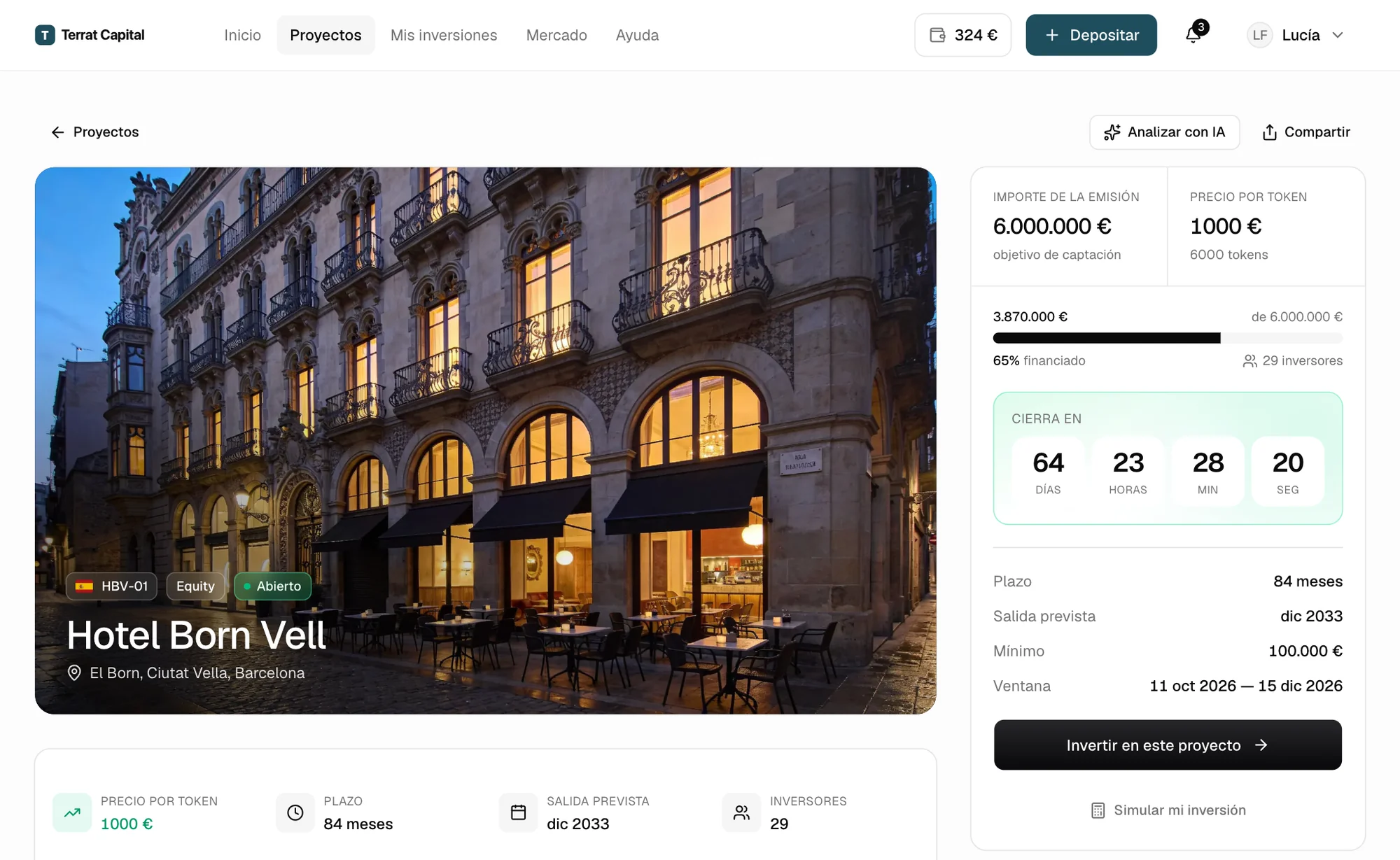 Portal del inversor con la ficha del inmueble y las condiciones de suscripción