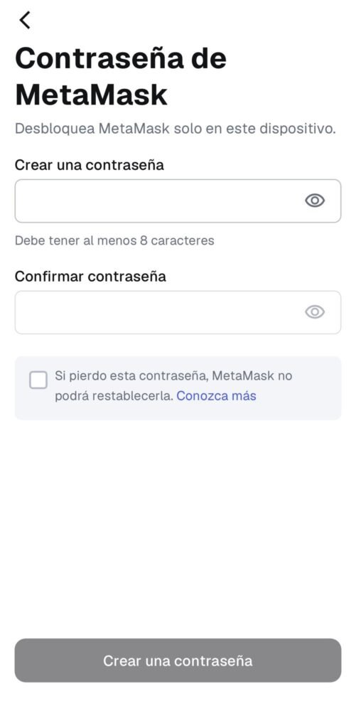 Cómo crear una wallet o billetera en Metamask en 2026 2 Pantalla para crear contraseña en MetaMask durante la configuración inicial