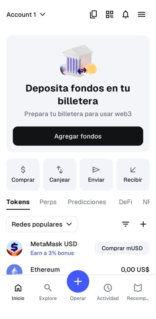 Cómo crear una wallet o billetera en Metamask en 2026 4 Pantalla principal de MetaMask con opciones para agregar fondos, enviar y recibir tokens