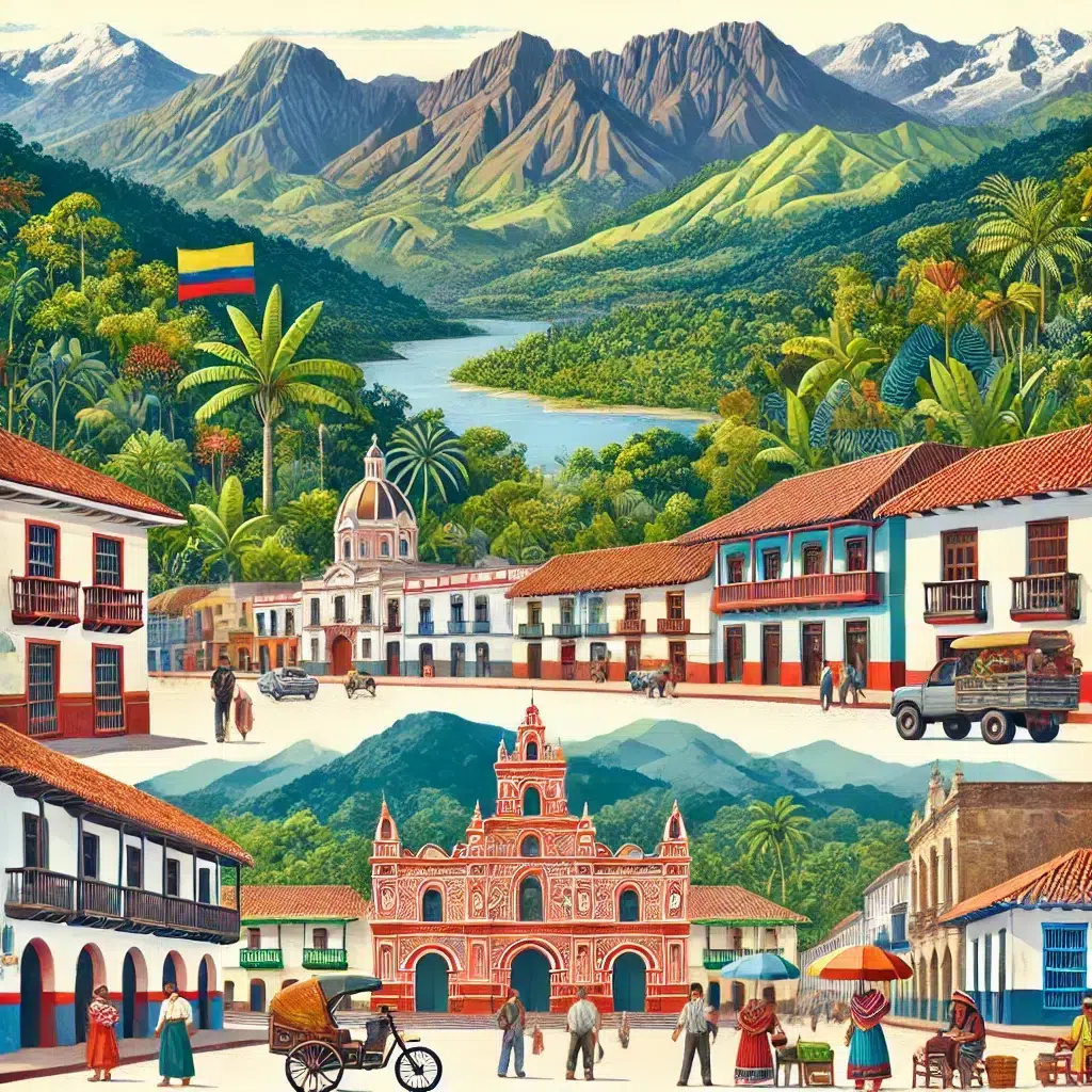 DALL·E 2024 07 13 16.54.30 A detailed image of Colombia showcasing its diverse landscape and culture. Include the following elements the Andes mountains in the background lus